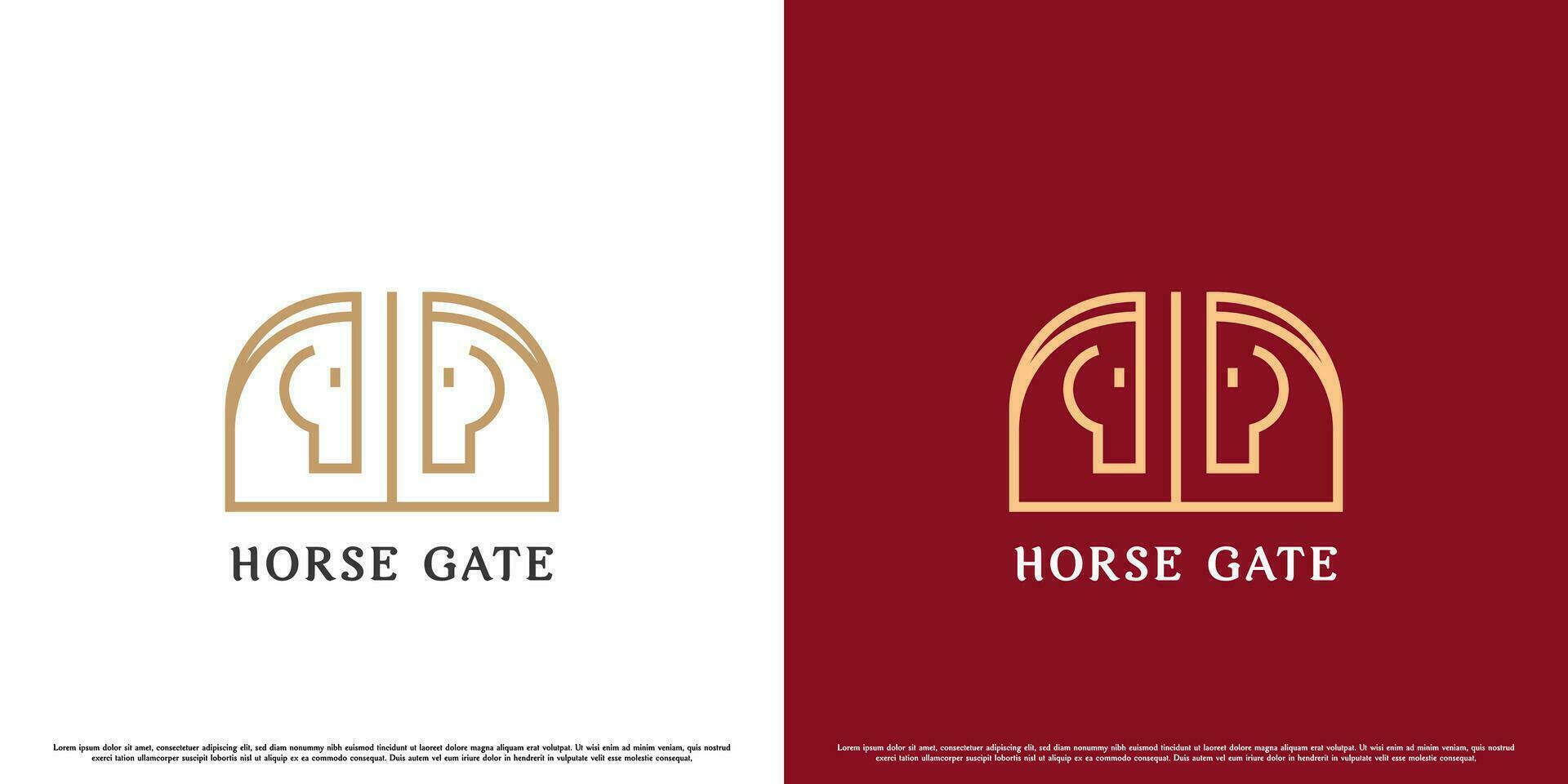 Horse gate logo design illustration. Simple minimalistic geometric flat line silhouettes of luxury fence buildings and dashing charming twin horse head animals. Elite housing exterior building icon. vector