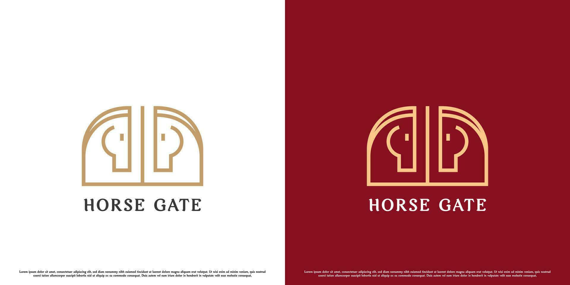 Horse gate logo design illustration. Simple minimalistic geometric flat line silhouettes of luxury fence buildings and dashing charming twin horse head animals. Elite housing exterior building icon. vector