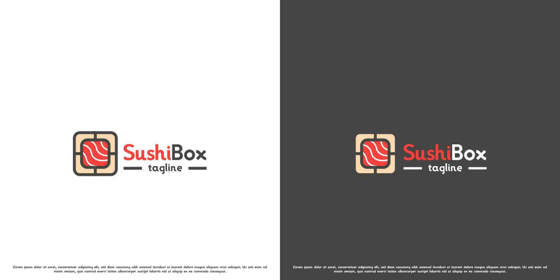 Sushi delivery logo design illustration. Modern creative silhouette of japanese traditional food sushi box in a square lunch box. Fresh japanese fast food sashimi maki udon shrimp restaurant icon. vector