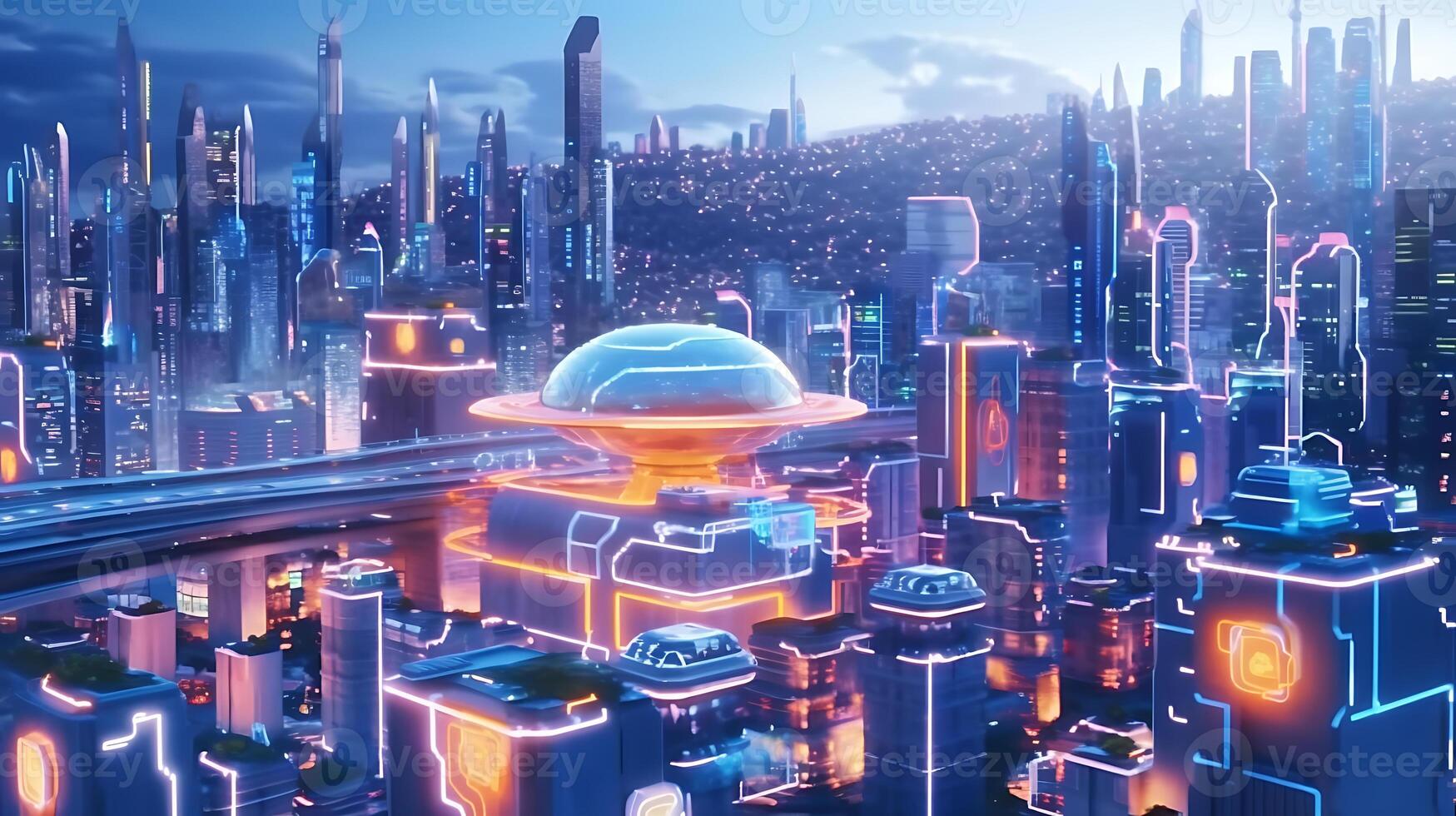 Futuristic city at night with neon lights, 3d rendering AI Generative photo