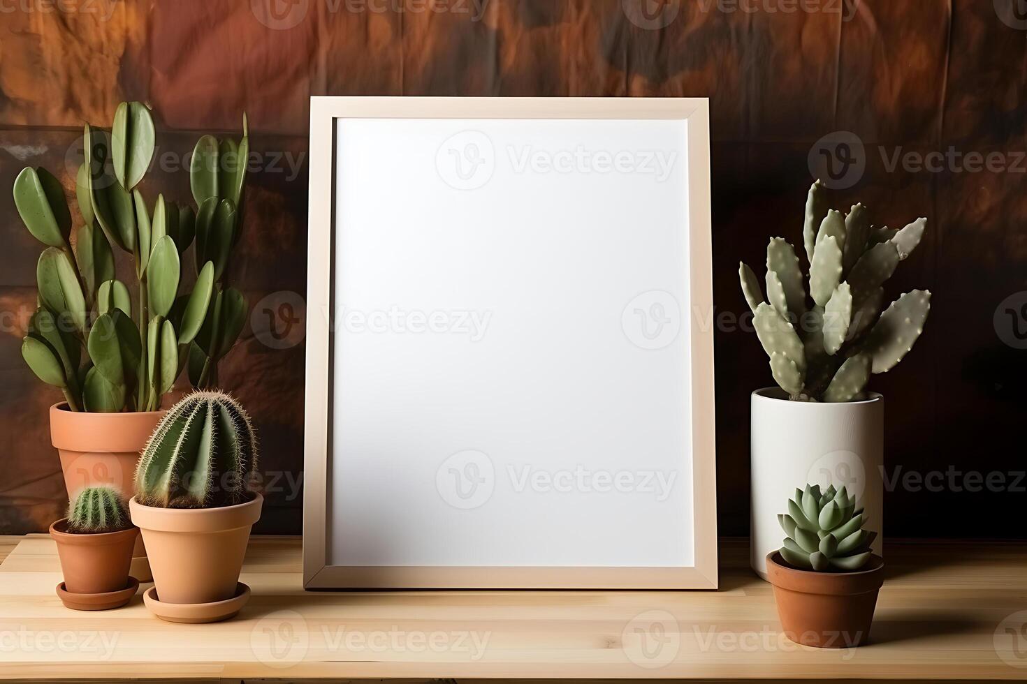 Blank picture frame on a wooden table in a modern living room Mock up photo