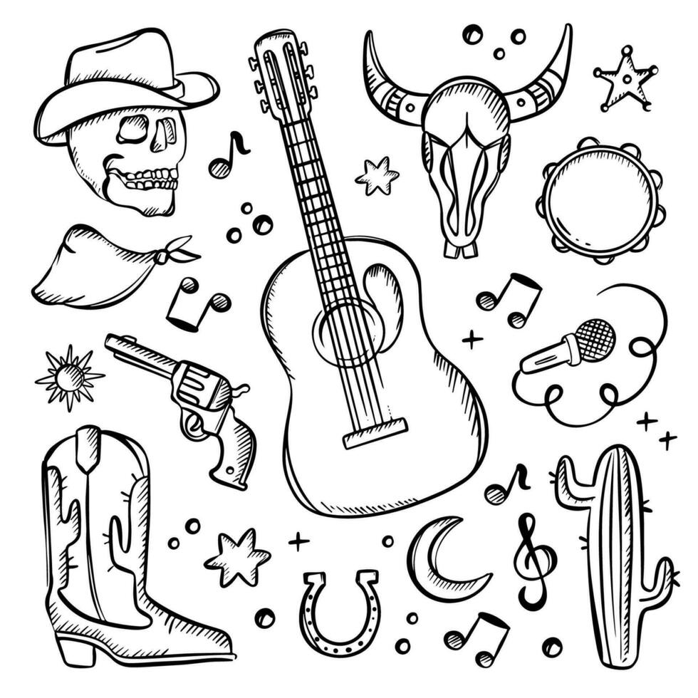 COUNTRY FEST SYMBOLISM MONOCHROME Western Music Objects vector