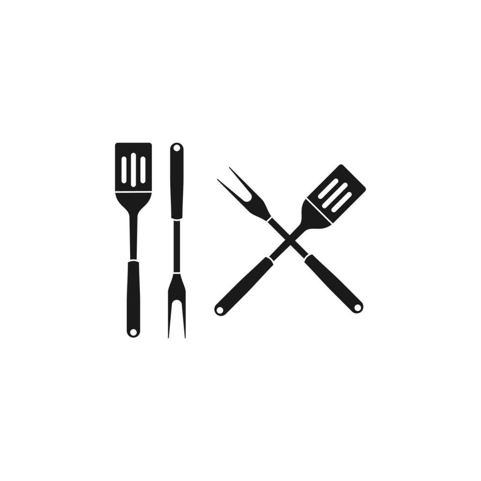 BBQ or grill tools icon. Crossed barbecue fork with spatula. Black simple silhouette. Symbol Template Logo. Vector illustration flat design. Suitable for your design need, logo, illustration, etc.