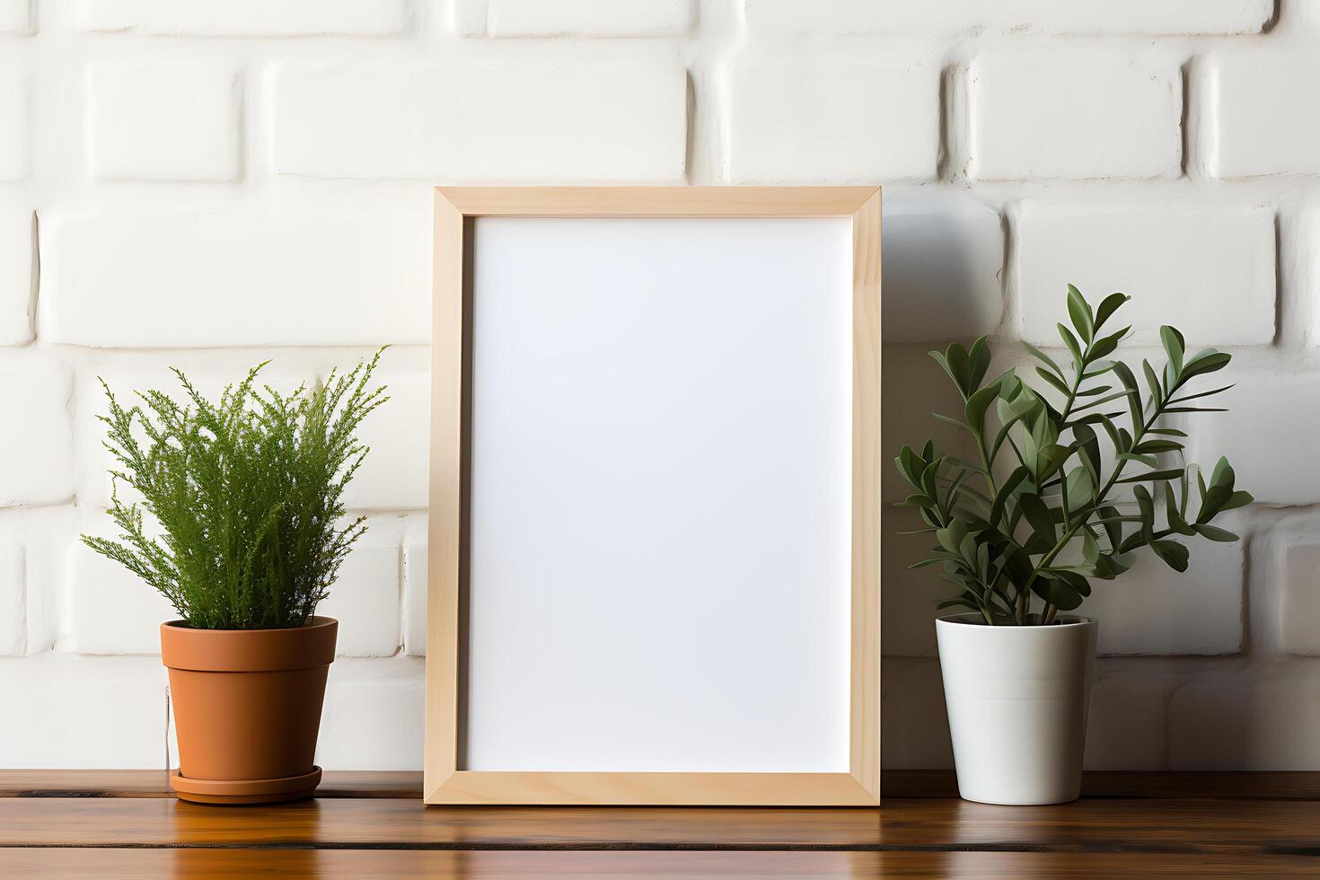 Blank picture frame on a wooden table in a modern living room Mock up AI Generative photo