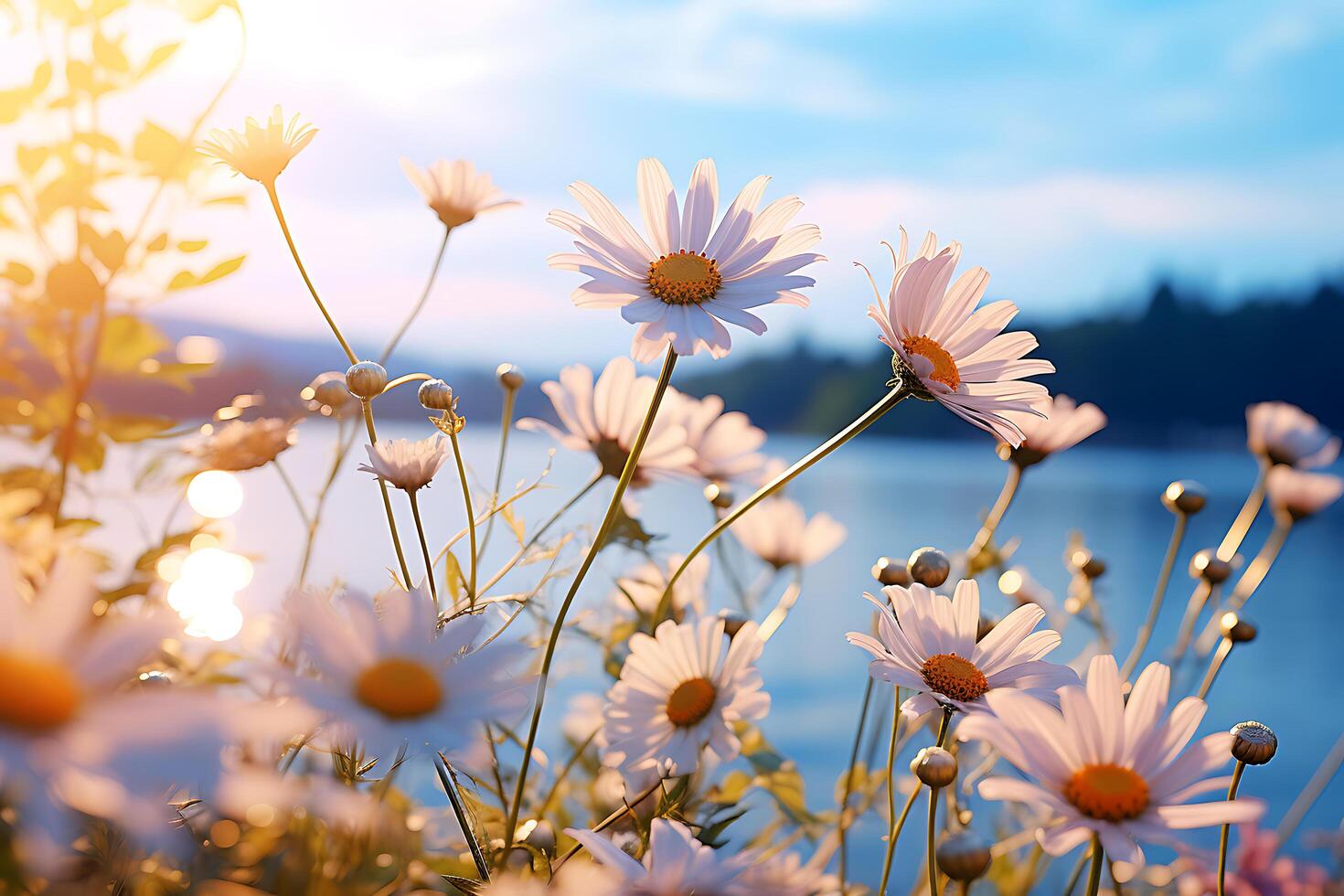 un hermosa invierno paisaje con un floral en el calma lago ai generativo foto