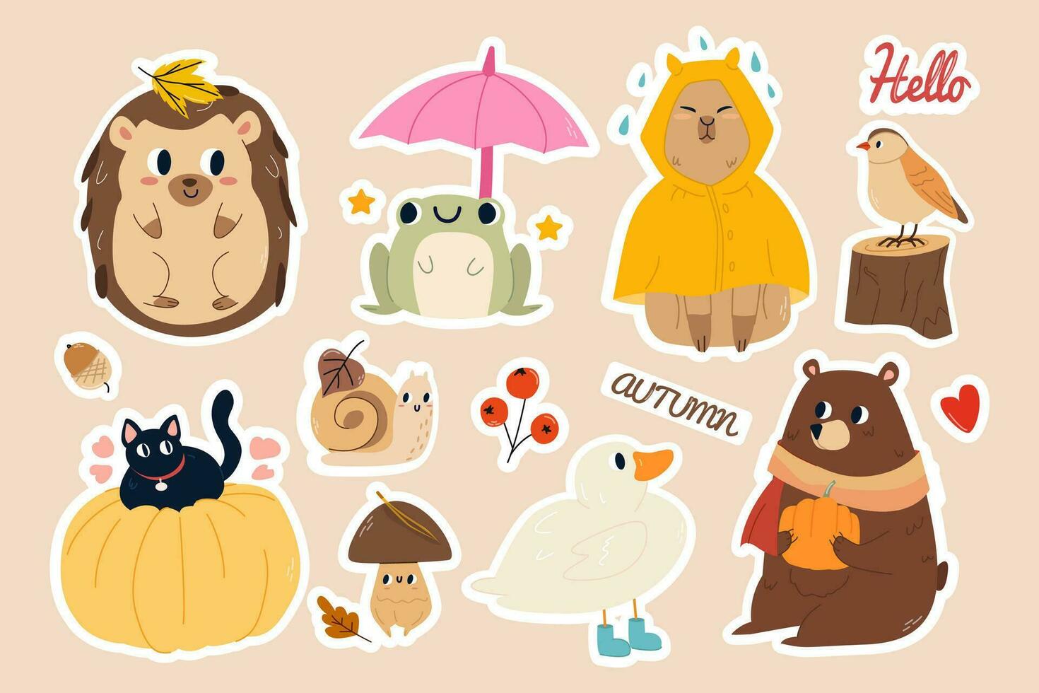 otoño conjunto con linda caracteres. colección diseño elementos con hojas, lindo animales, capibara, rana, pájaro, oso, calabaza, gato, pato, caracol, hongo.dibujado a mano vector ilustración para cartel, adhesivo, postal