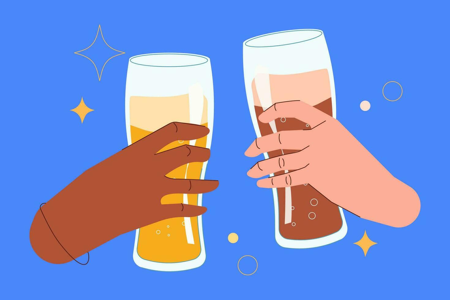 Celebration and toasting, cheers hands holding beer. Two hands clink glasses with dark and light beer . The concept of the beer festival. Flat illustration for postcards, posters and stickers vector