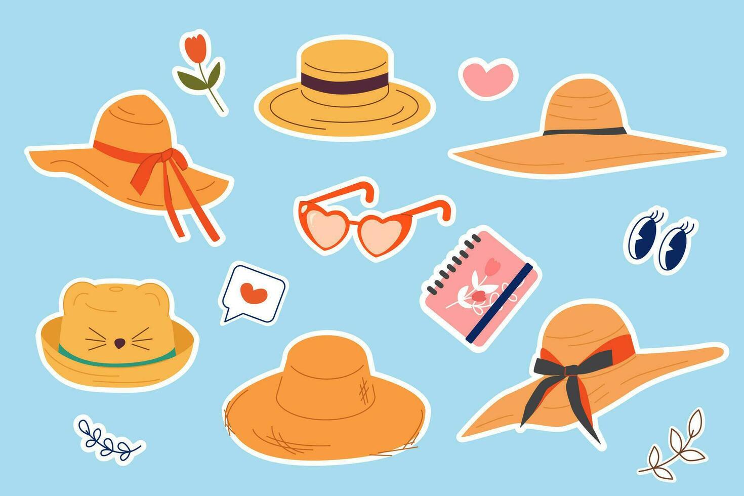 verano conjunto de elementos. Paja sombreros con arcos, anteojos, flores, bloc, como. un conjunto de plano vector elementos. un red de verano pegatinas para social redes turismo y viajar. linda ilustración