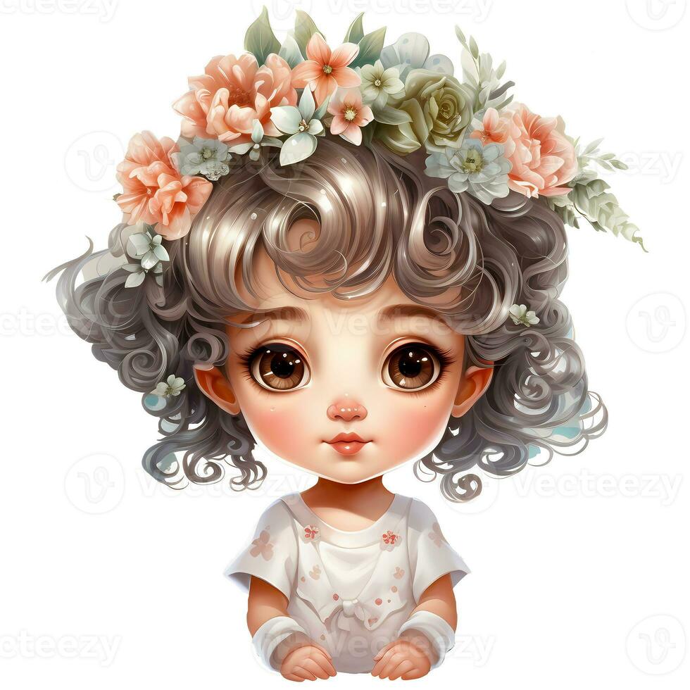 Cute cartoon girl wearing a crown of flowers in her hair AI Generative photo