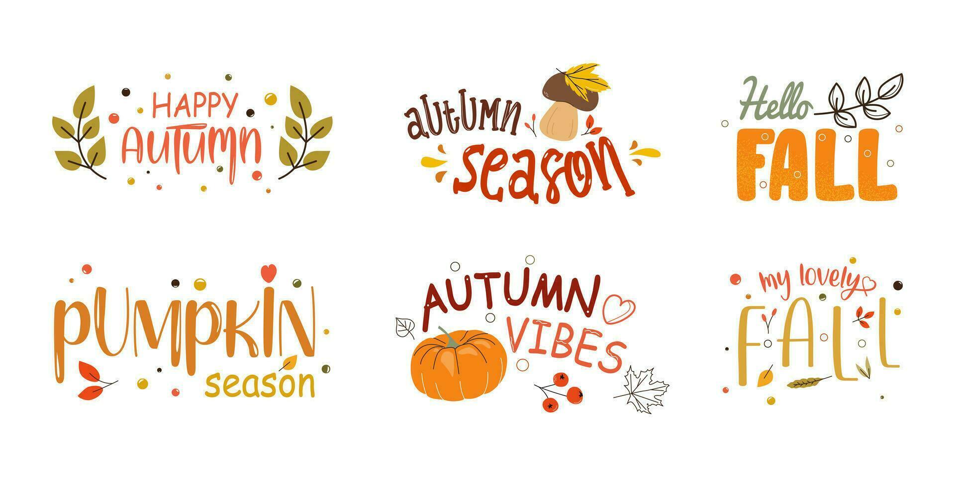 Set of autumn phrases with cozy and cute decorations Happy autumn, season, hello fall, pumpkin season, autumn vibe, my favorite autumn season. For banners, postcards, stickers, design vector
