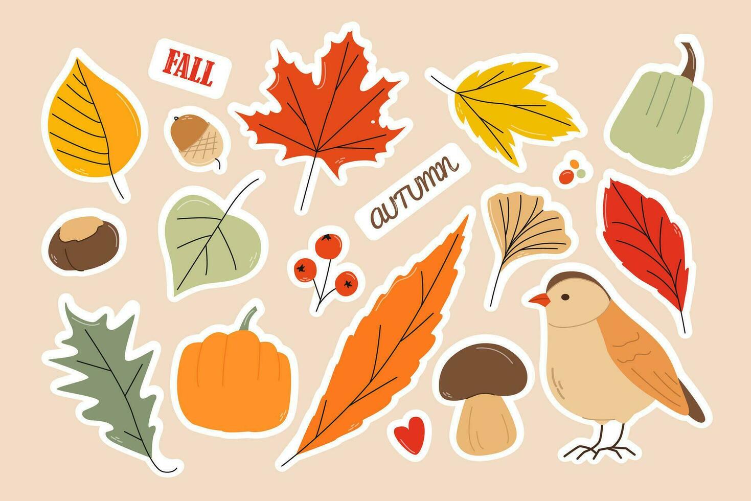 linda acogedor ilustración de el otoño temporada postales conjunto de vector otoño elementos de ilustraciones arce hoja, roble, pájaro, otoño inscripción, bellotas, calabaza, champiñón, gingko, viburnum, serbal