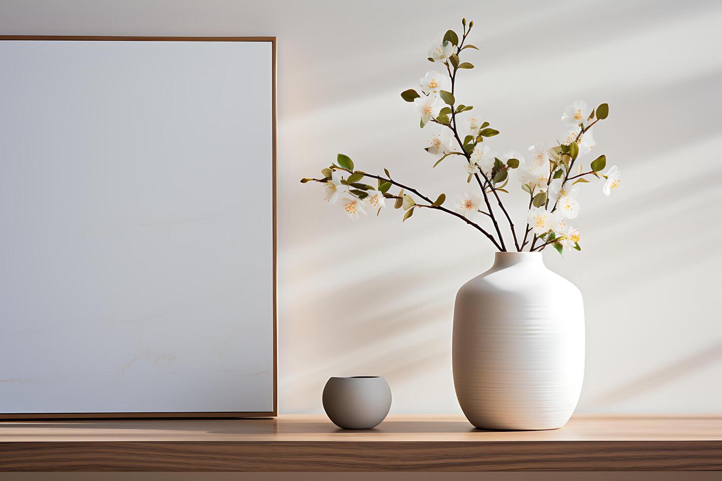 a simple house a wooden shelf with a vase of blossoming branches against a white background photo