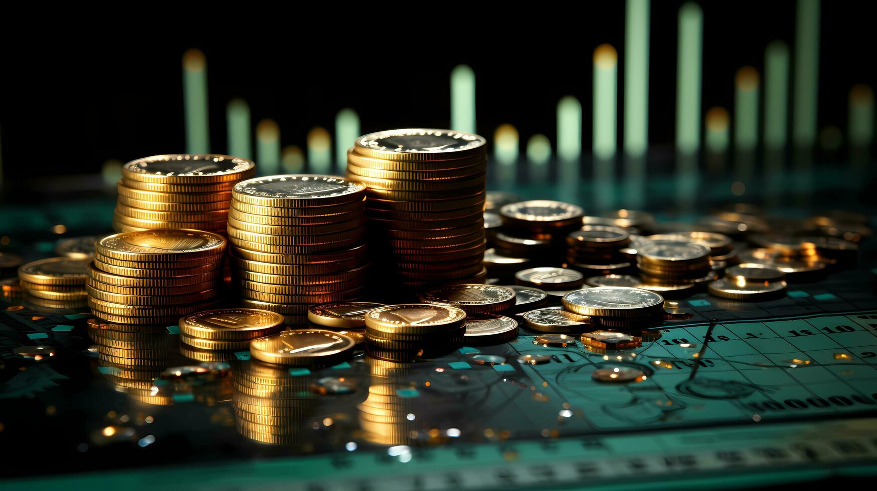 pilas de oro monedas en oscuro fondo, negocio y Finanzas concepto ai generativo foto