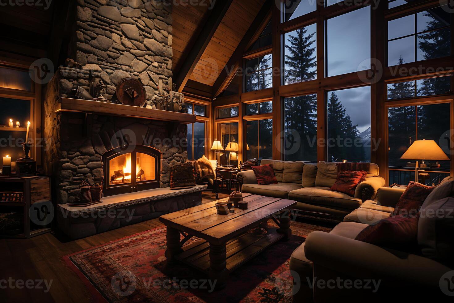  A cozy living room with fireplace on the background of a mountain ...