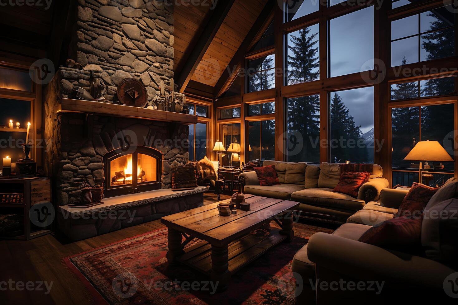 A cozy living room with fireplace on the background of a mountain landscape AI Generative photo