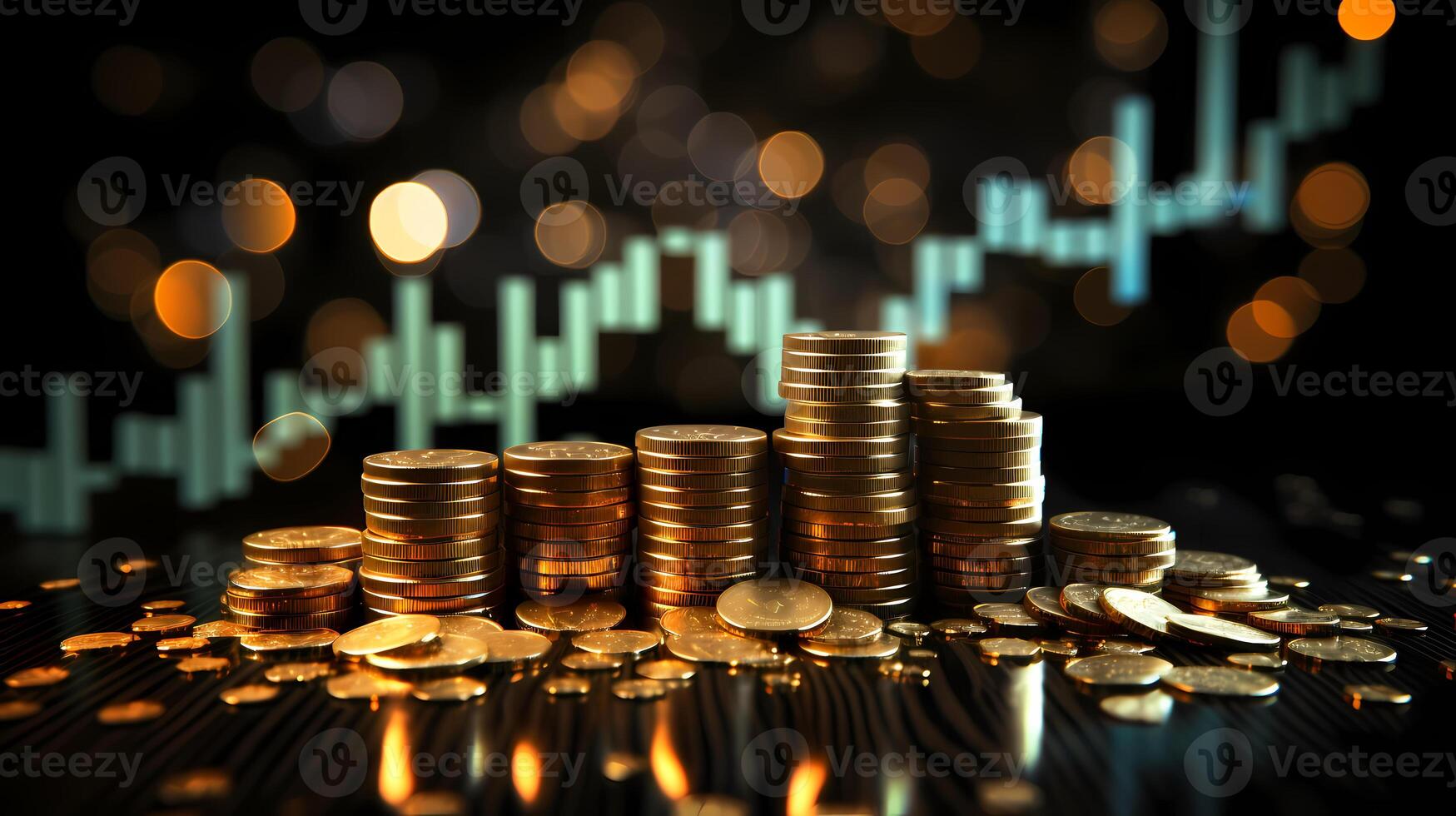 Stacks of gold coins on dark background, business and finance concept AI Generative photo