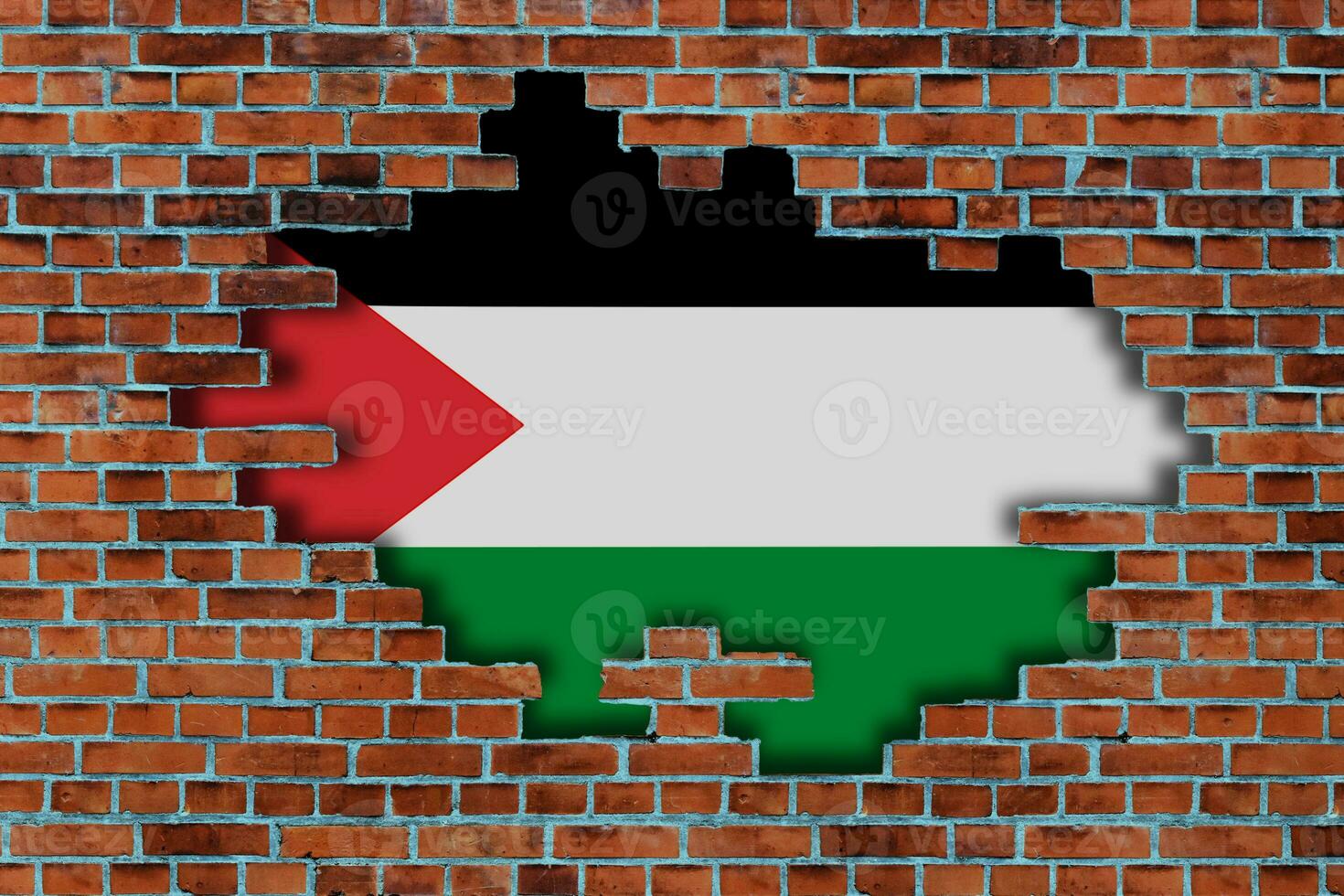 3D Flag of Palestine behind the broken old stone wall background. photo