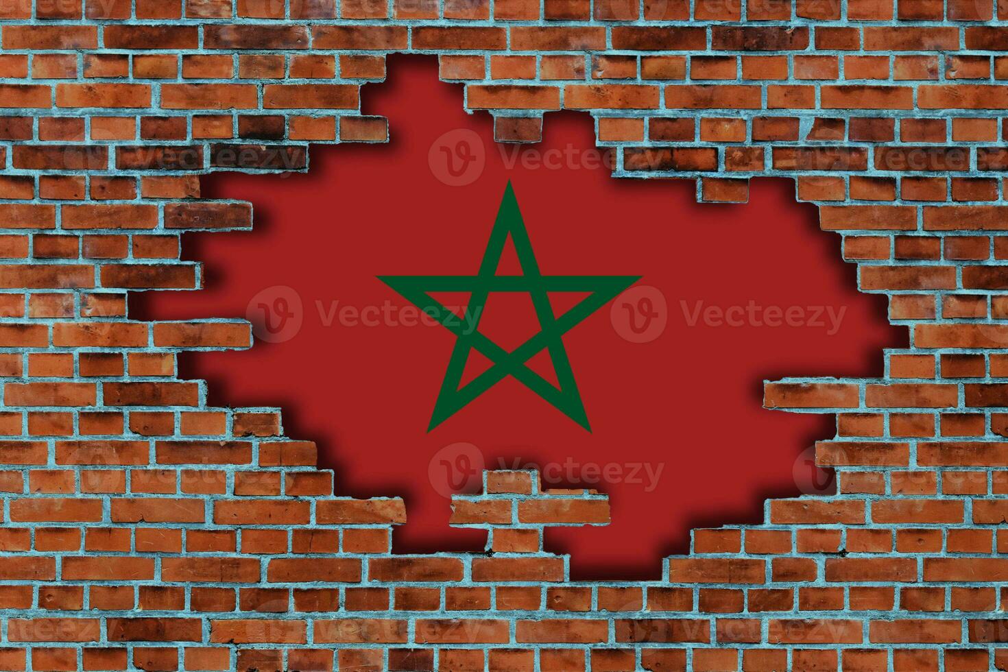 3D Flag of Morocco behind the broken old stone wall background. photo