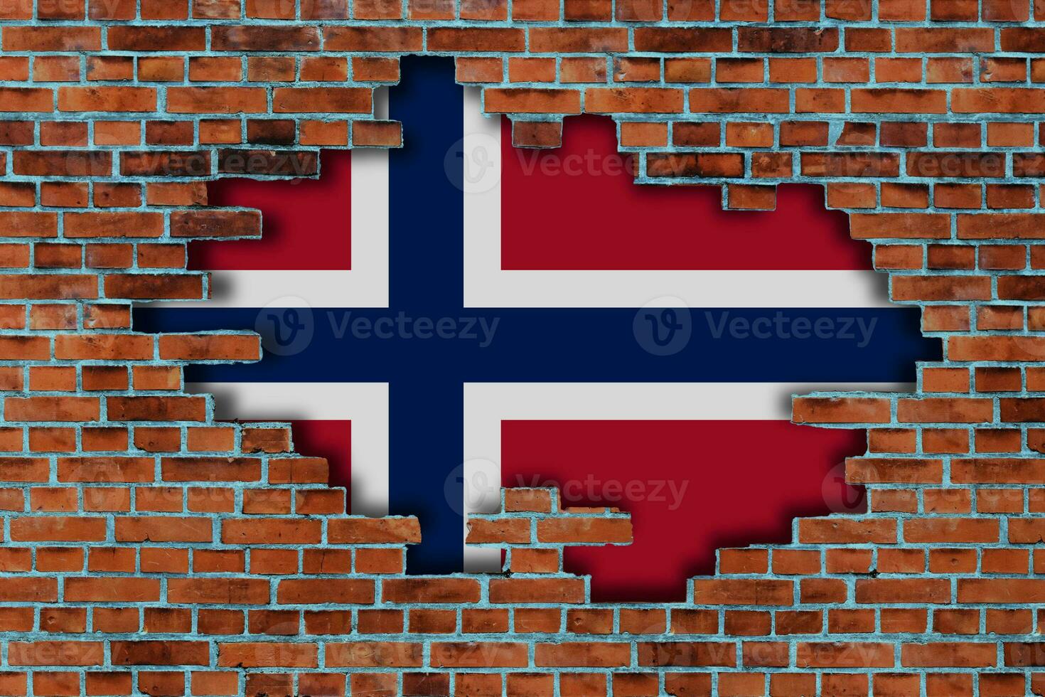 3D Flag of Norway behind the broken old stone wall background. photo