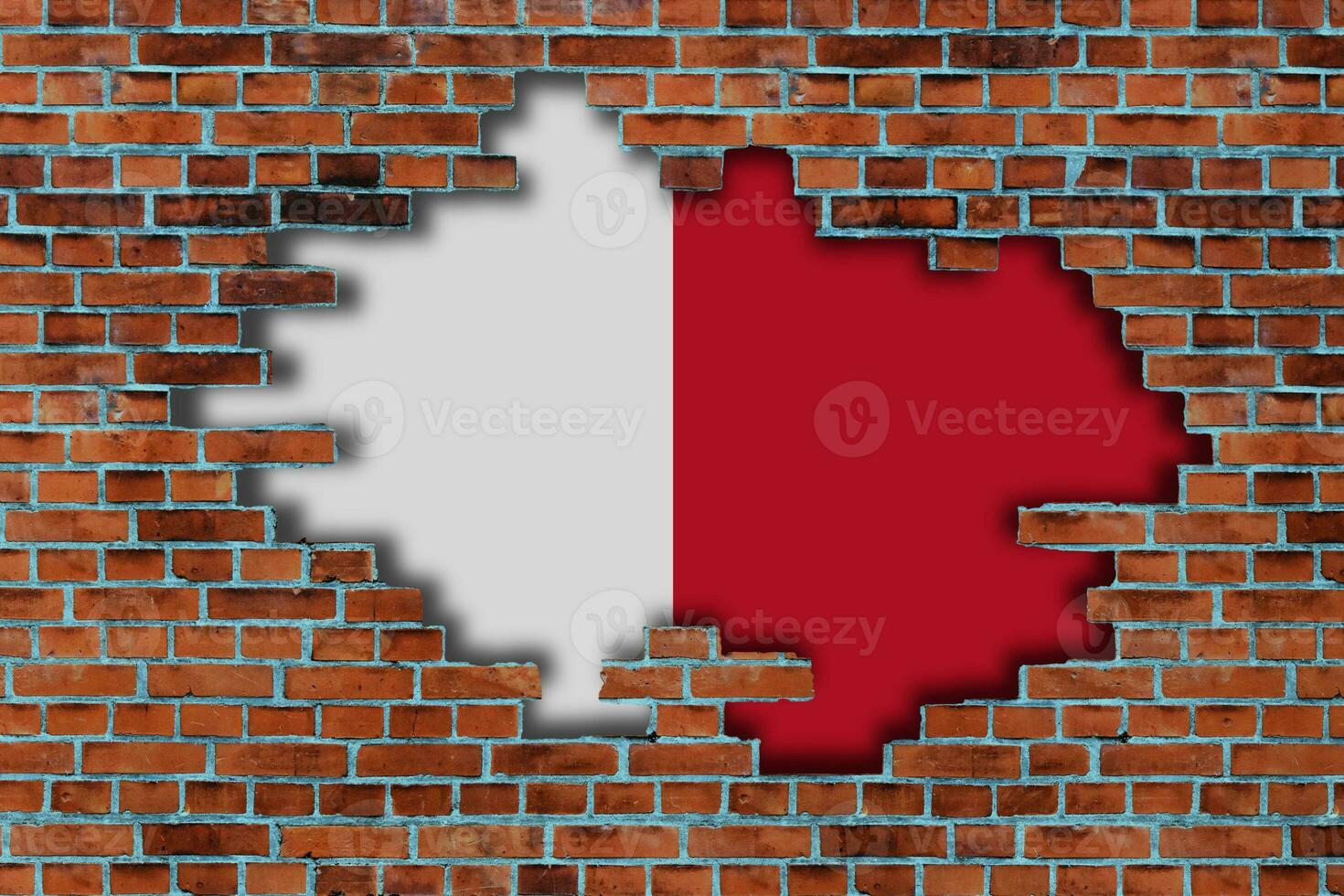 3D Flag of Malta behind the broken old stone wall background. photo