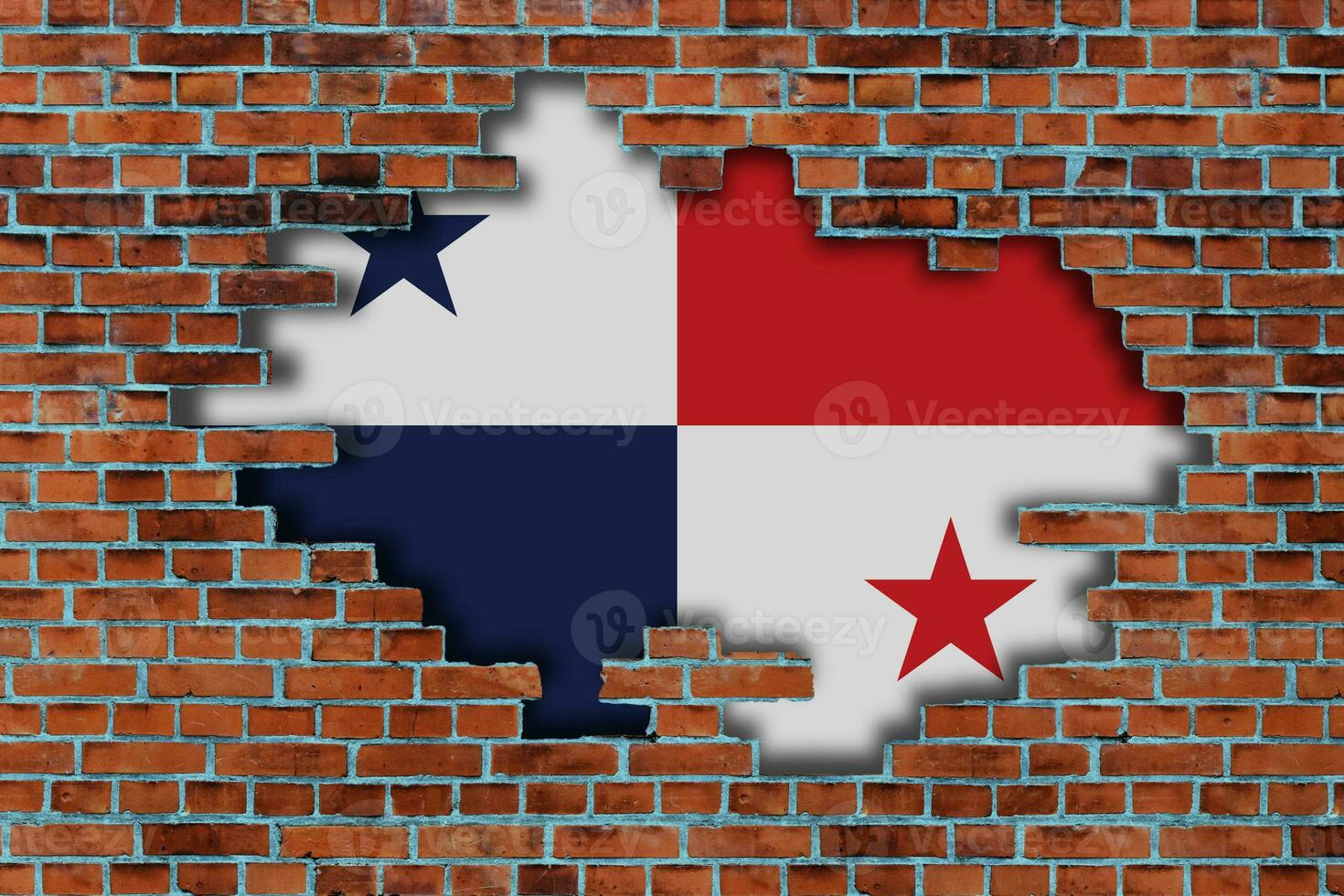 3D Flag of Panama behind the broken old stone wall background. photo