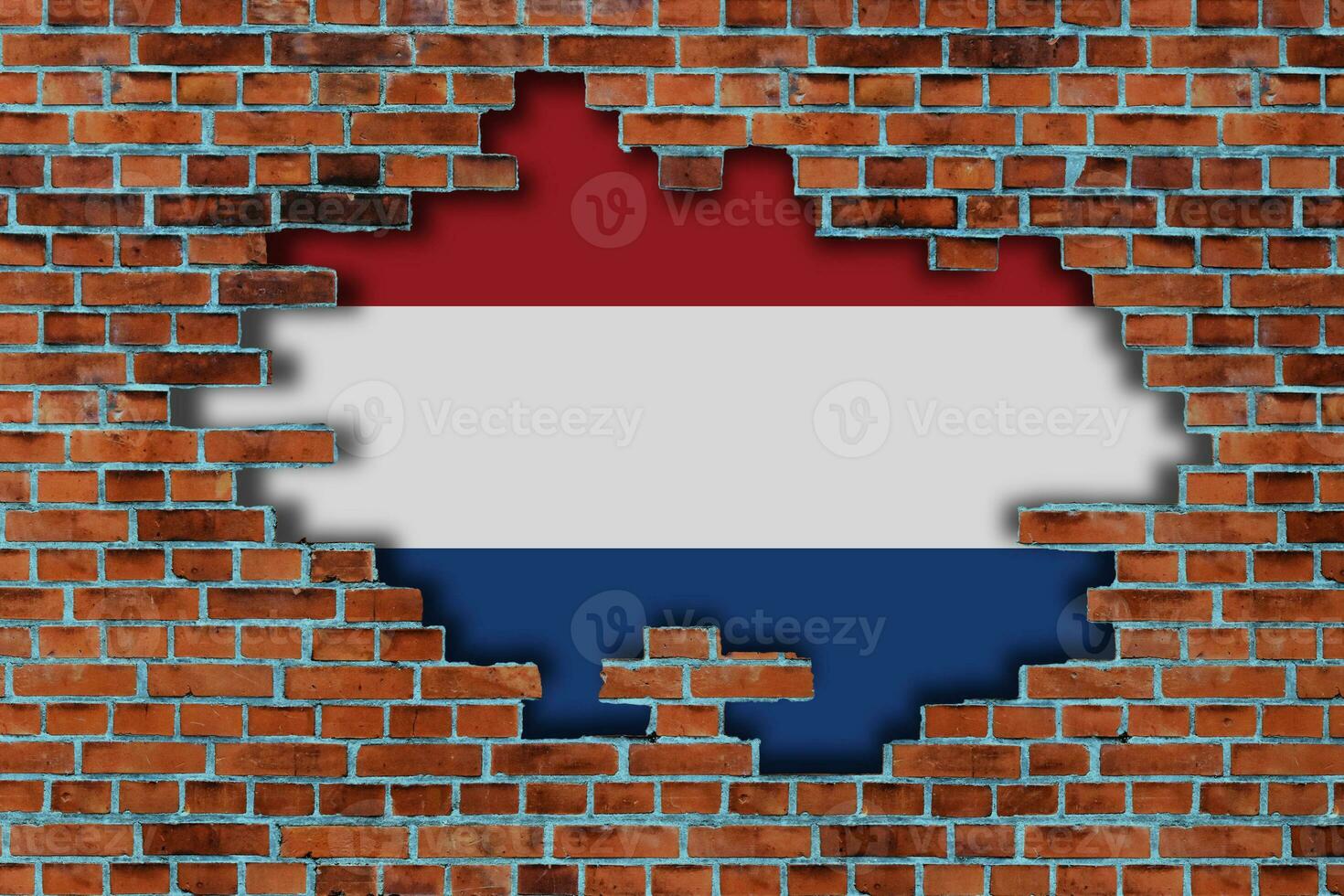 3D Flag of Netherland behind the broken old stone wall background. photo