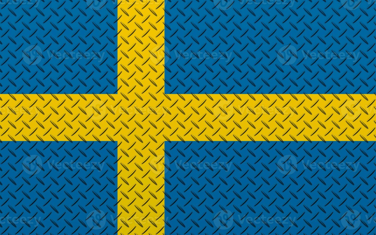 3D Flag of Sweden on a metal wall background. photo