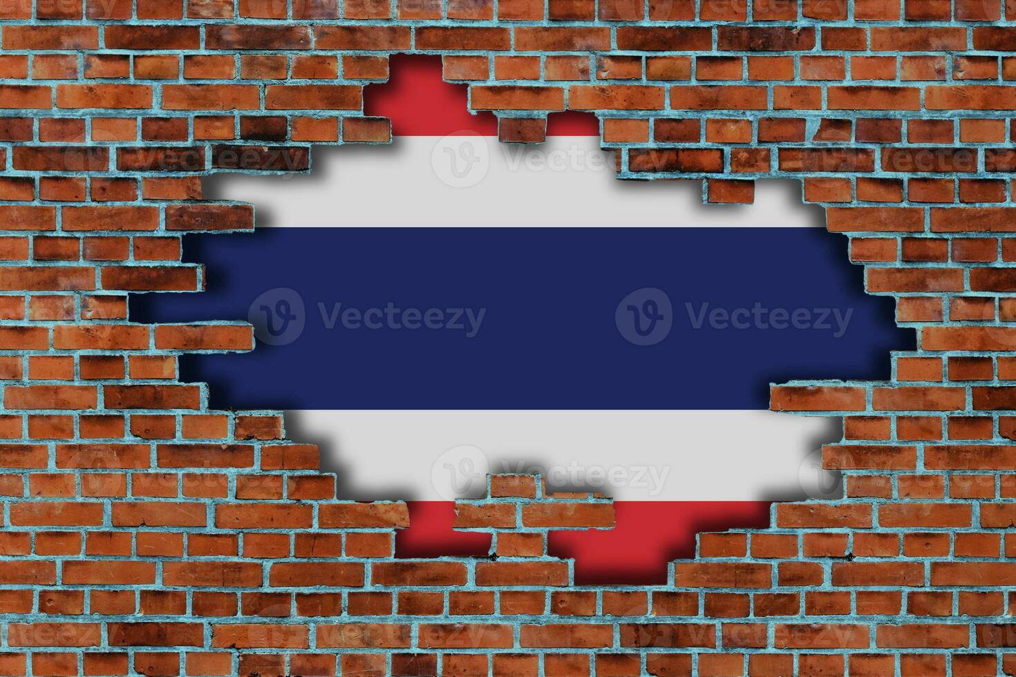 3D Flag of Thailand behind the broken old stone wall background. photo
