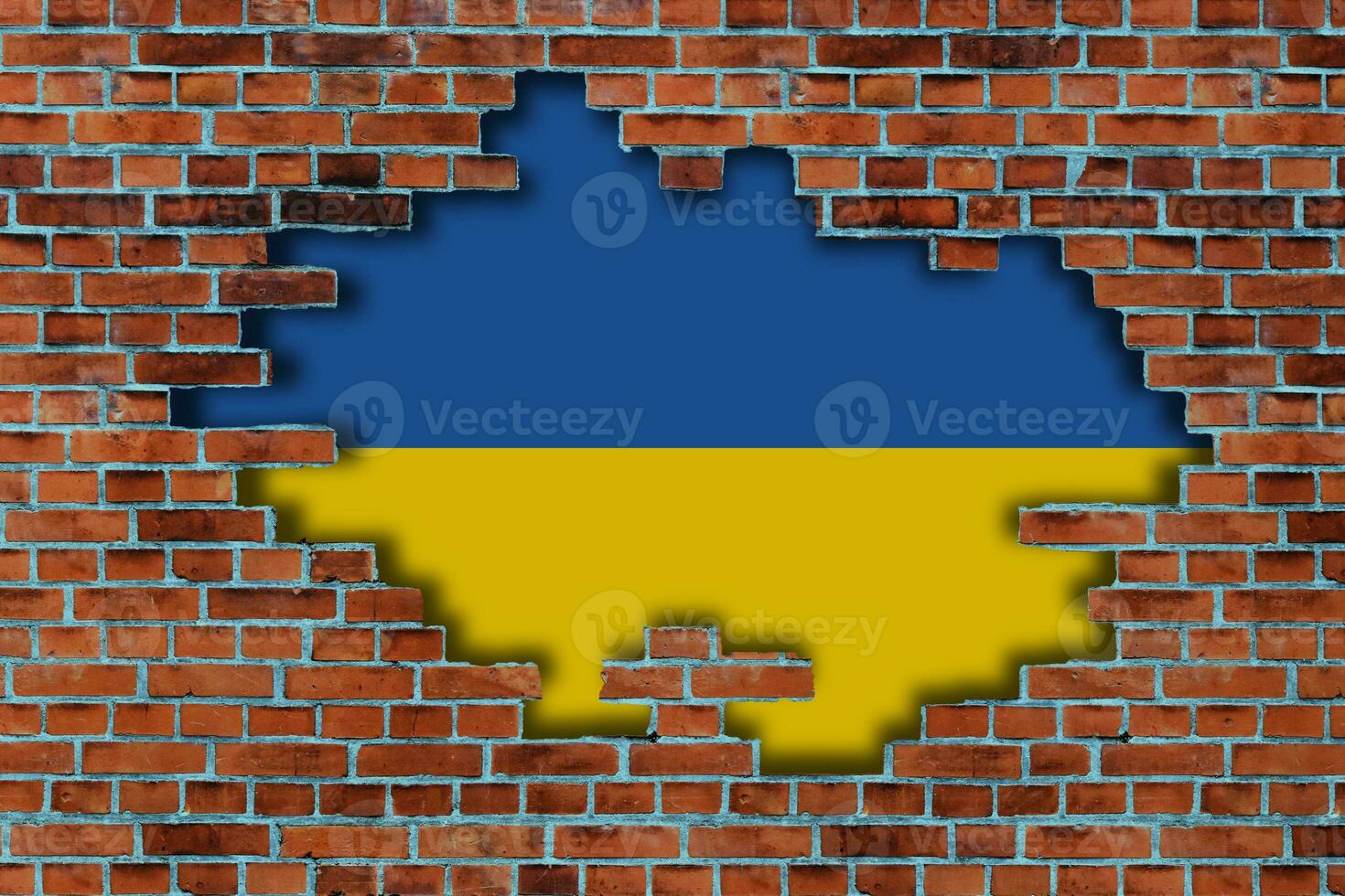 3D Flag of Ukraine behind the broken old stone wall background. photo