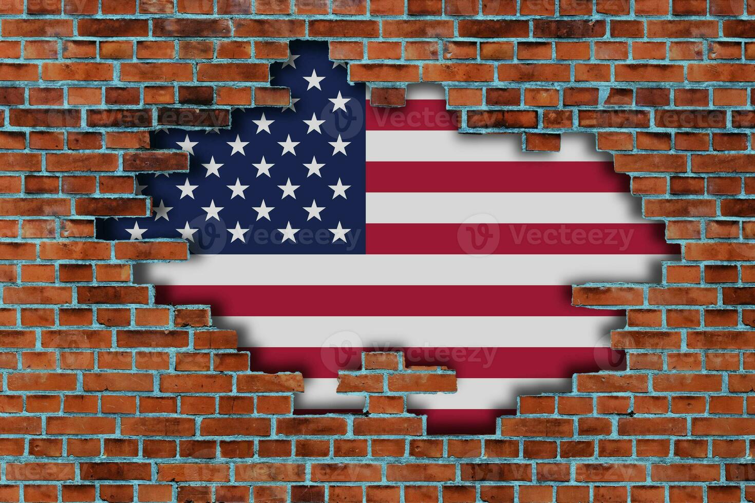 3D Flag of United States of America behind the broken old stone wall background. photo