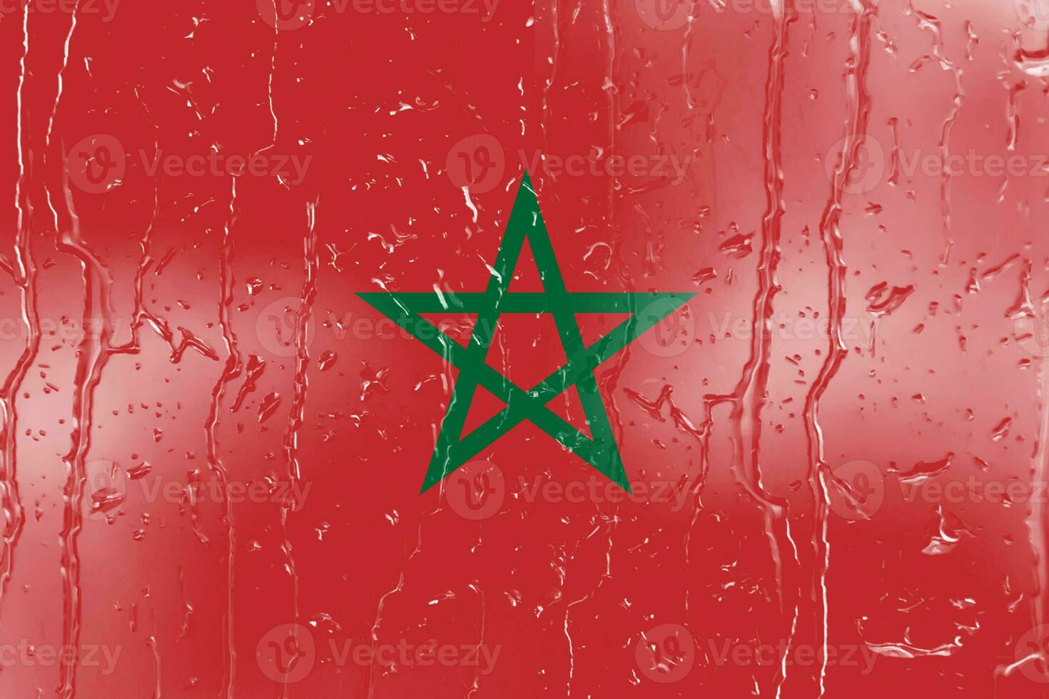 3D Flag of Morocco on a glass with water drop background. photo