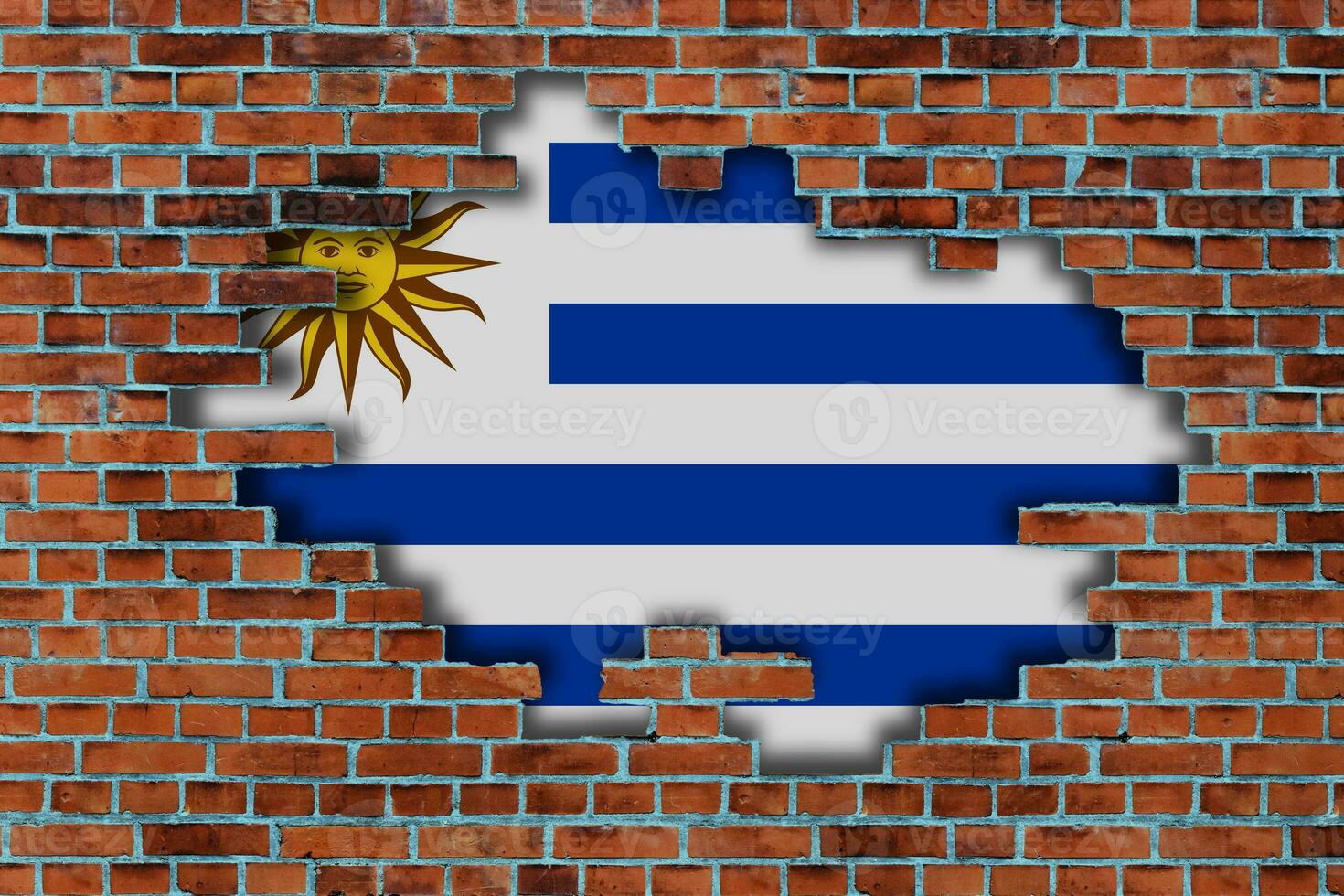 3D Flag of Uruguay behind the broken old stone wall background. photo