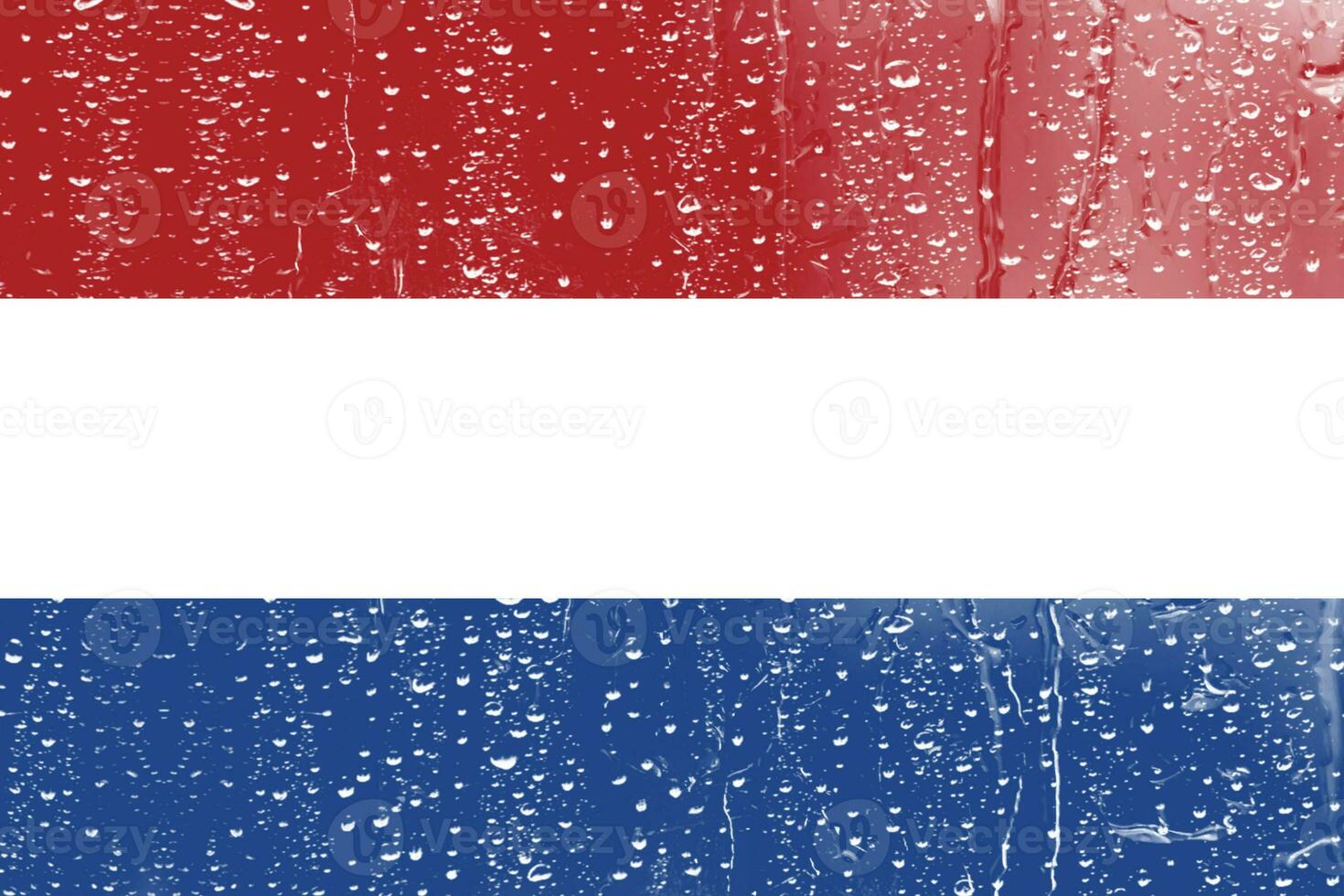 3D Flag of Netherland on a glass with water drop background. photo