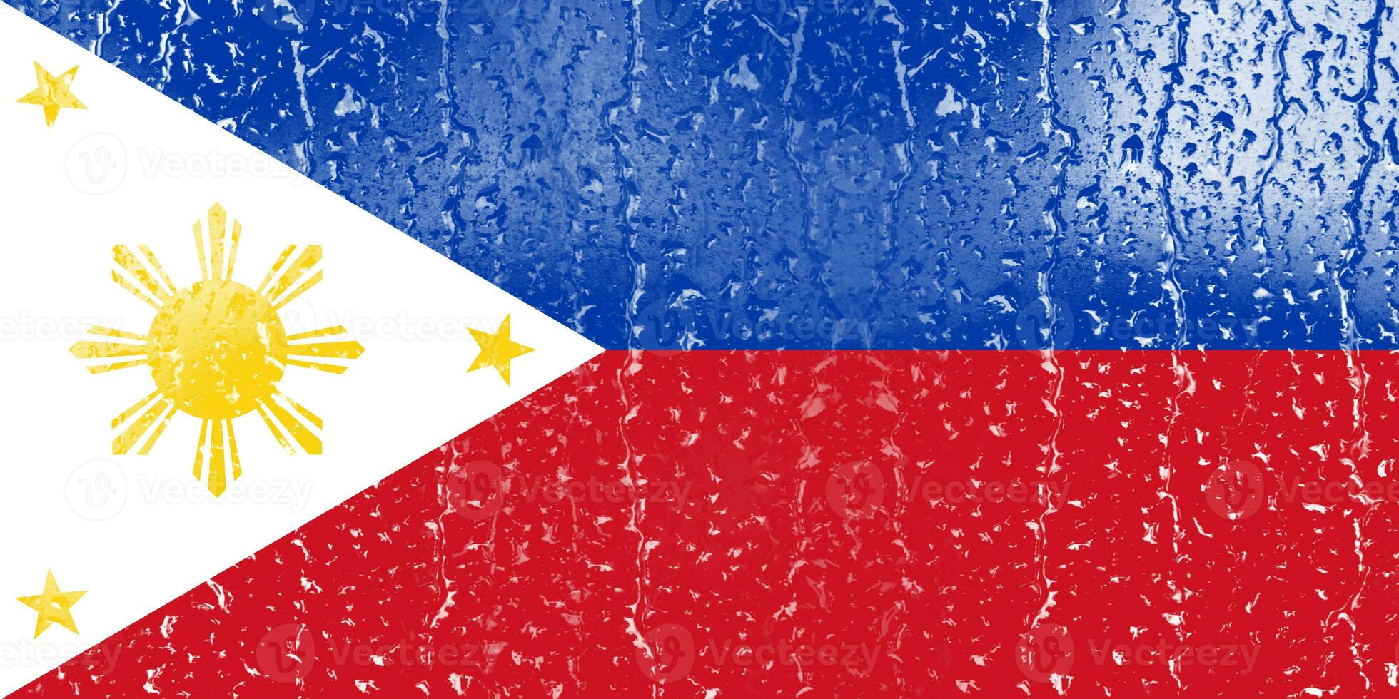 3D Flag of Philippines on a glass with water drop background. photo