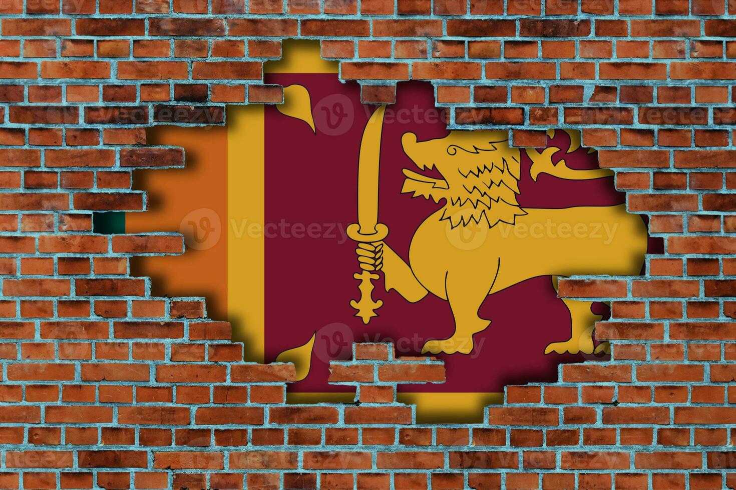 3d bandera de sri lanka detrás el roto antiguo Roca pared antecedentes. foto