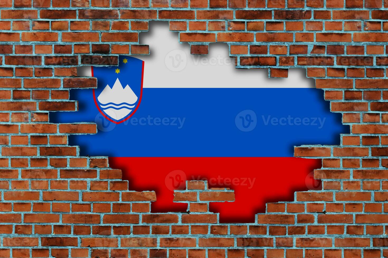 3D Flag of Slovenia behind the broken old stone wall background. photo