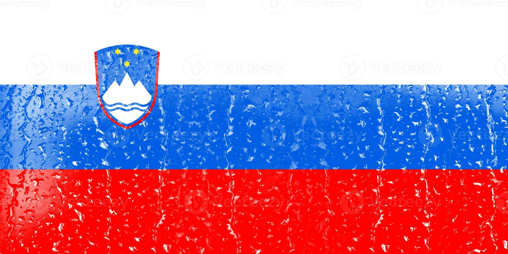 3D Flag of Slovenia on a glass with water drop background. photo