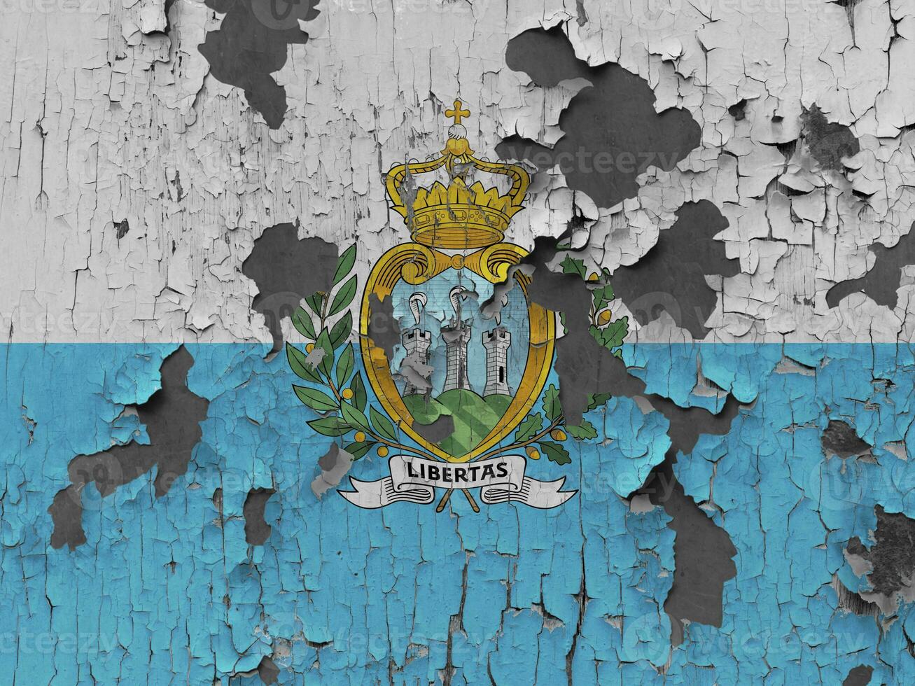 3D Flag of San Marino on an old stone wall background. photo