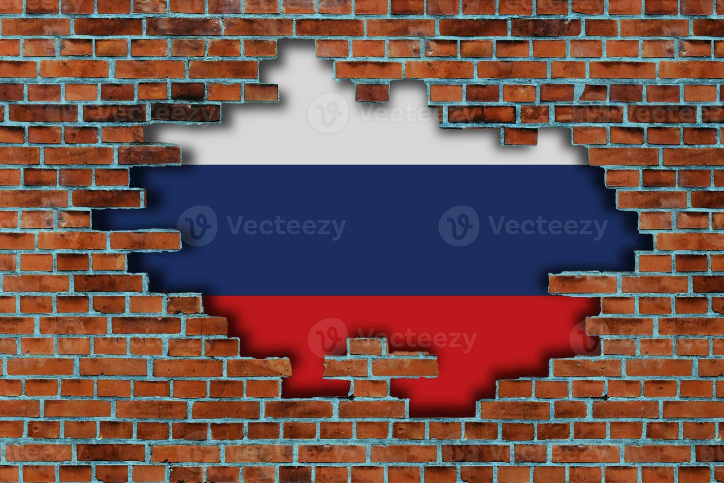 3D Flag of Russia behind the broken old stone wall background. photo