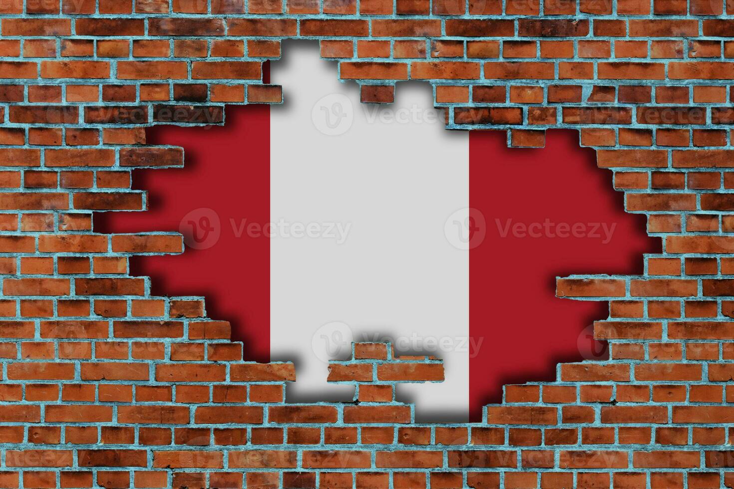 3D Flag of Peru behind the broken old stone wall background. photo