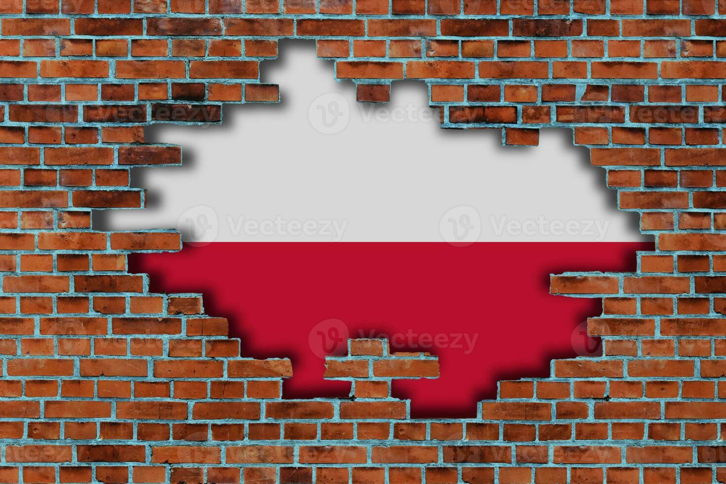 3D Flag of Poland behind the broken old stone wall background. photo