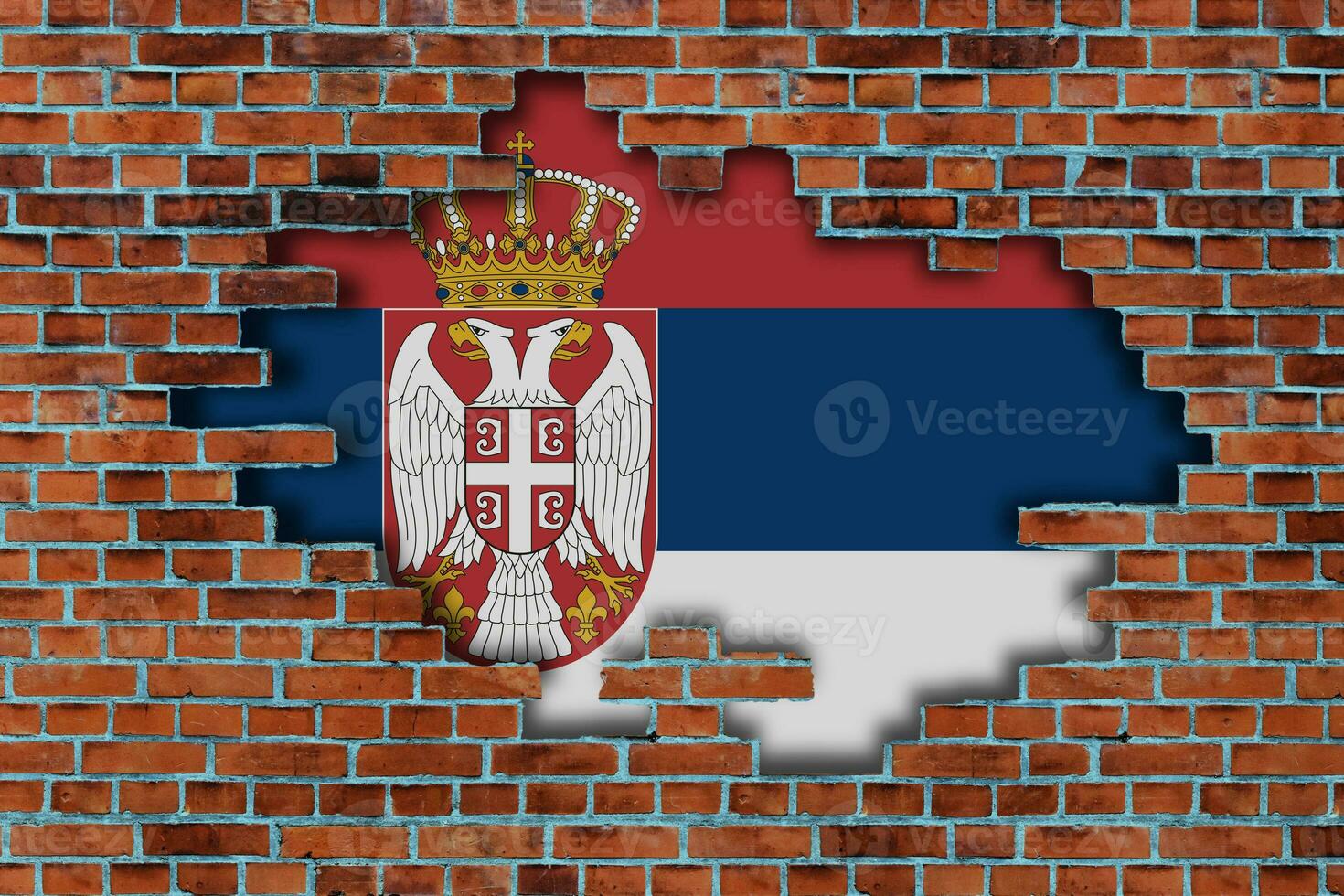 3D Flag of Serbia behind the broken old stone wall background. photo