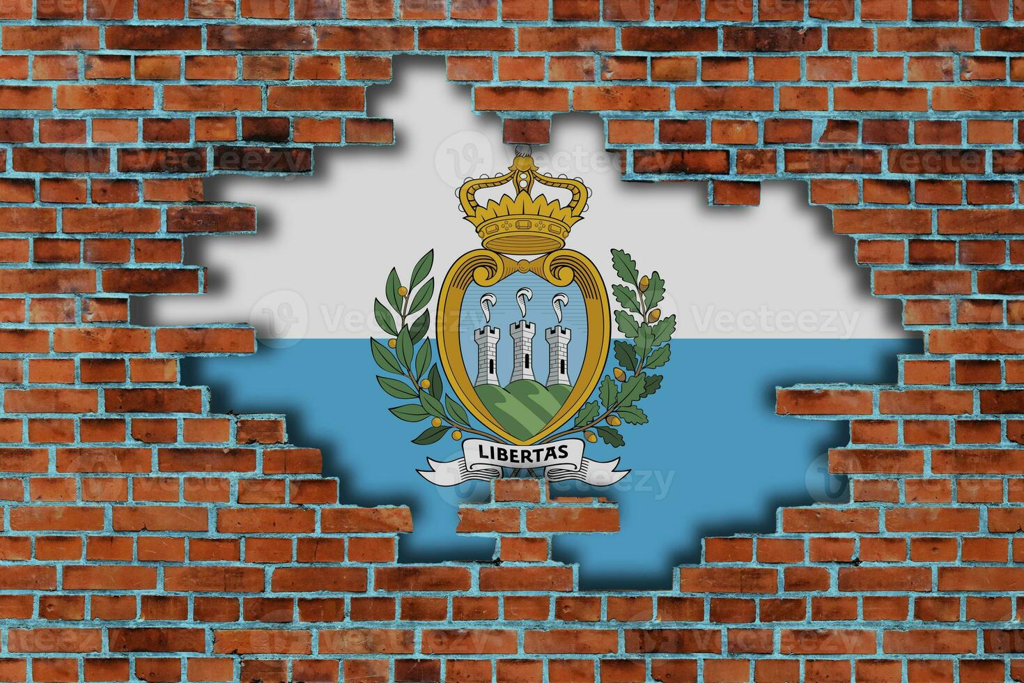 3D Flag of San Marino behind the broken old stone wall background. photo