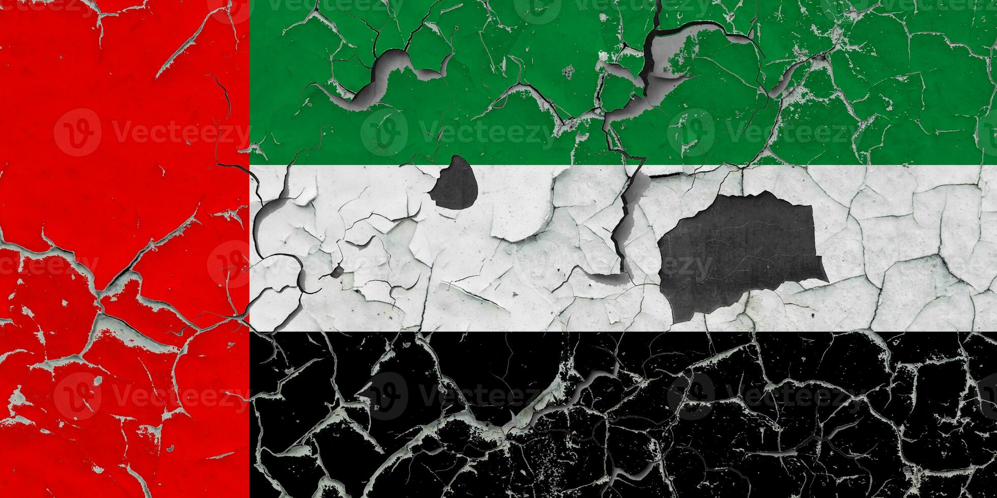 3D Flag of United Arab Emirates on an old stone wall background. photo
