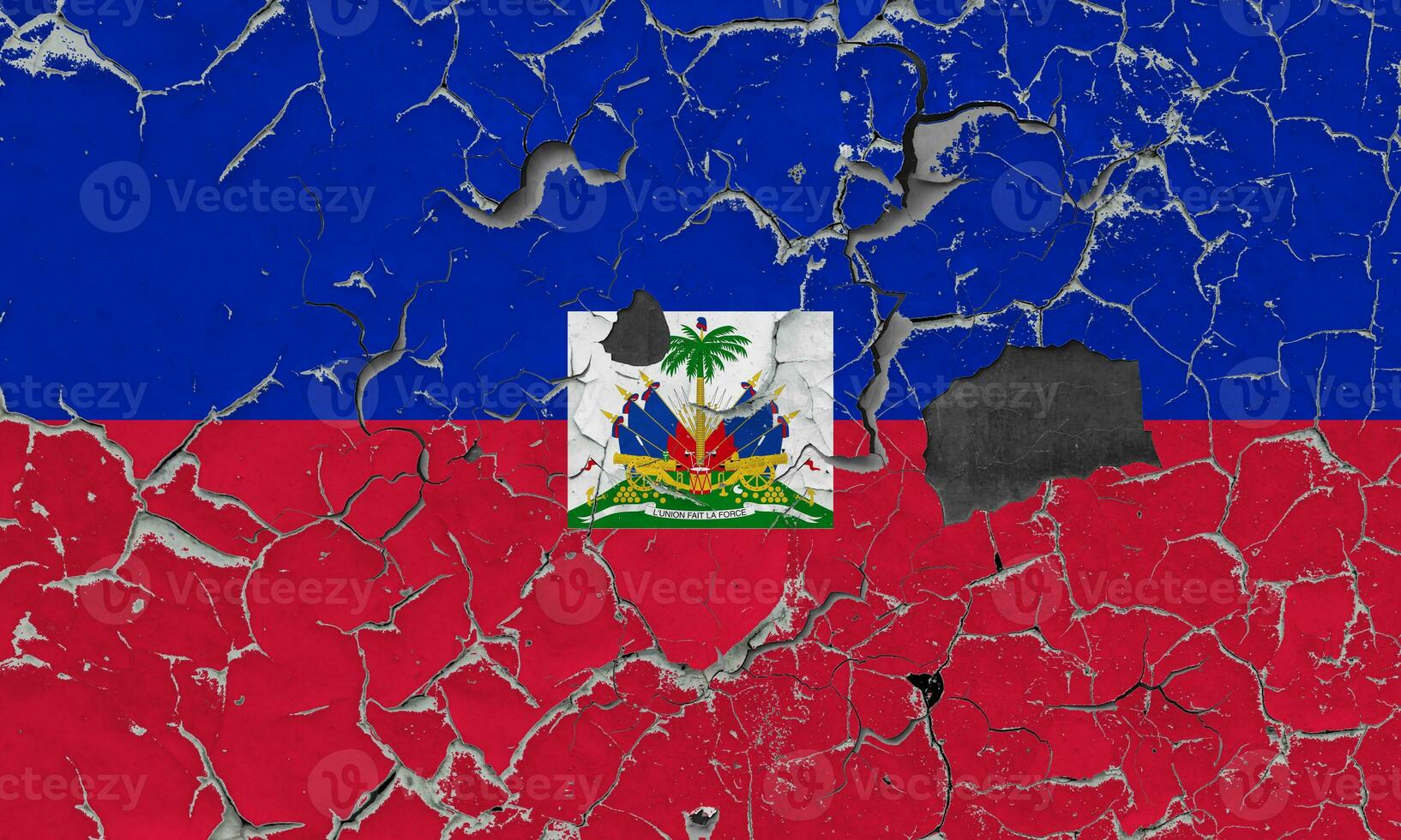 3D Flag of Haiti on an old stone wall background. photo