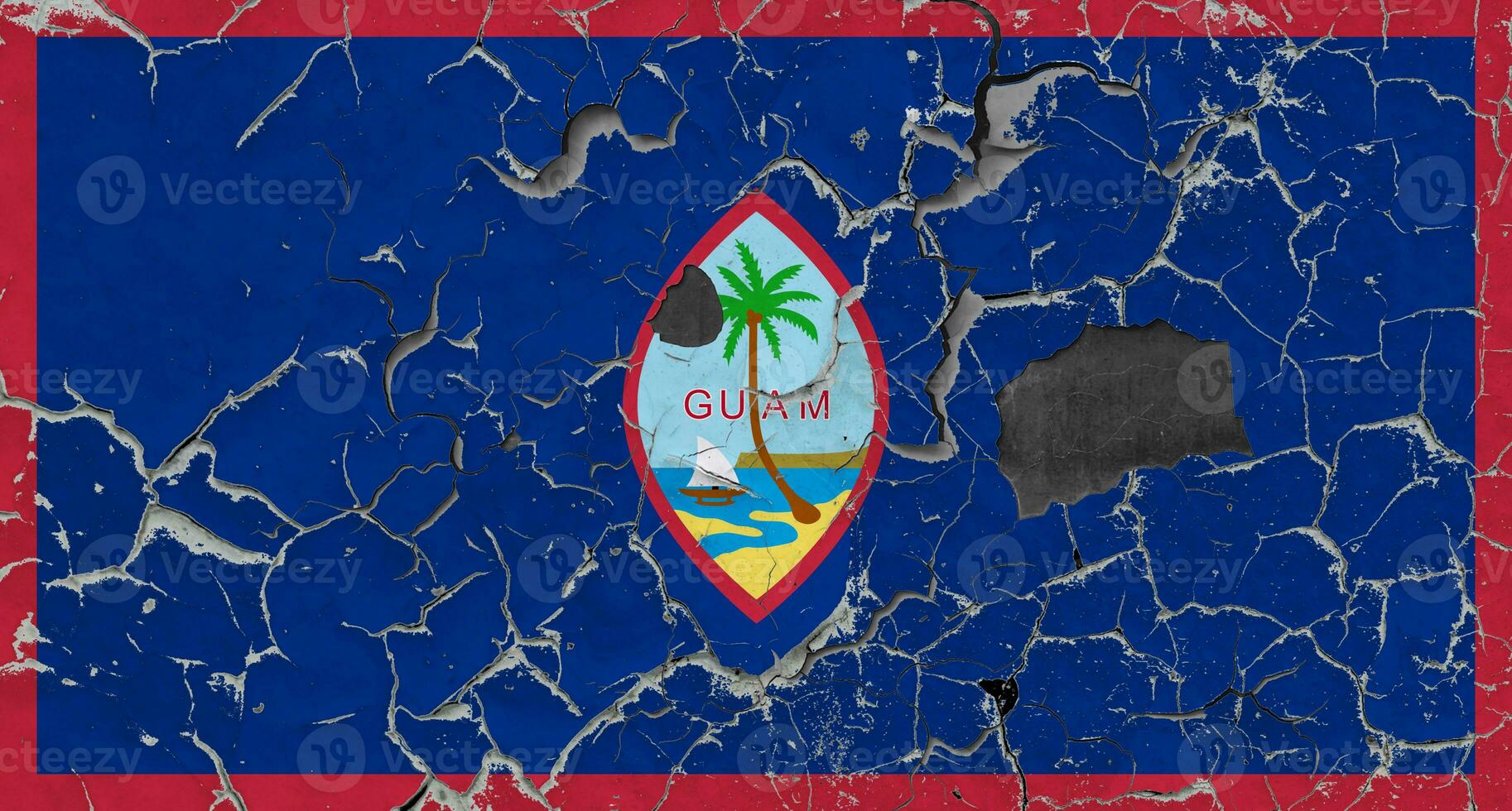 3D Flag of Guam on an old stone wall background. photo