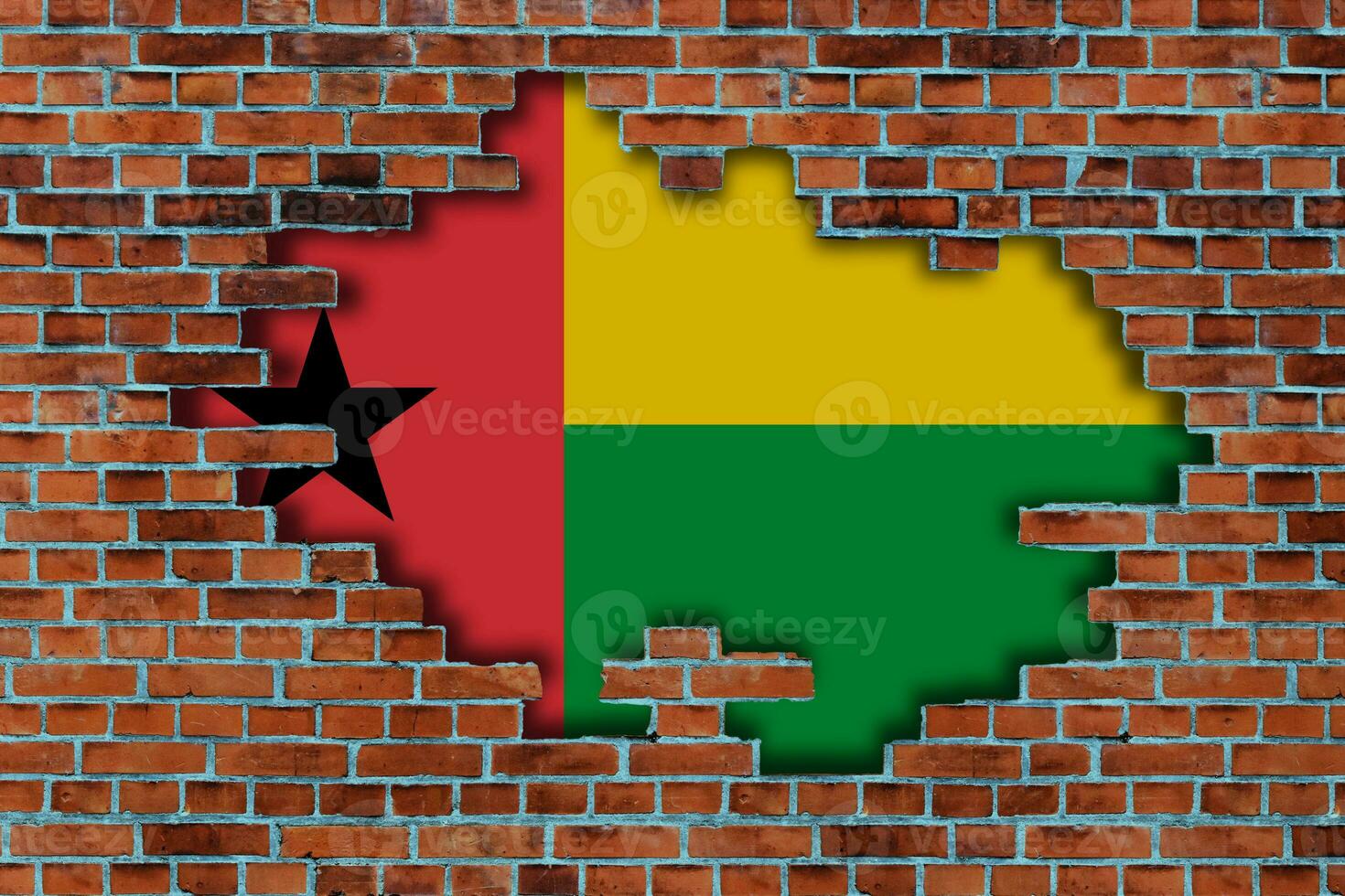 3D Flag of Guinea-Bissau behind the broken old stone wall background. photo