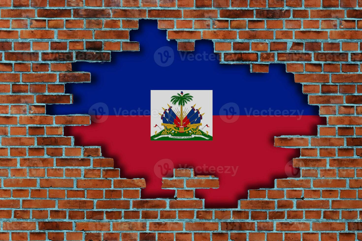 3D Flag of Haiti behind the broken old stone wall background. photo