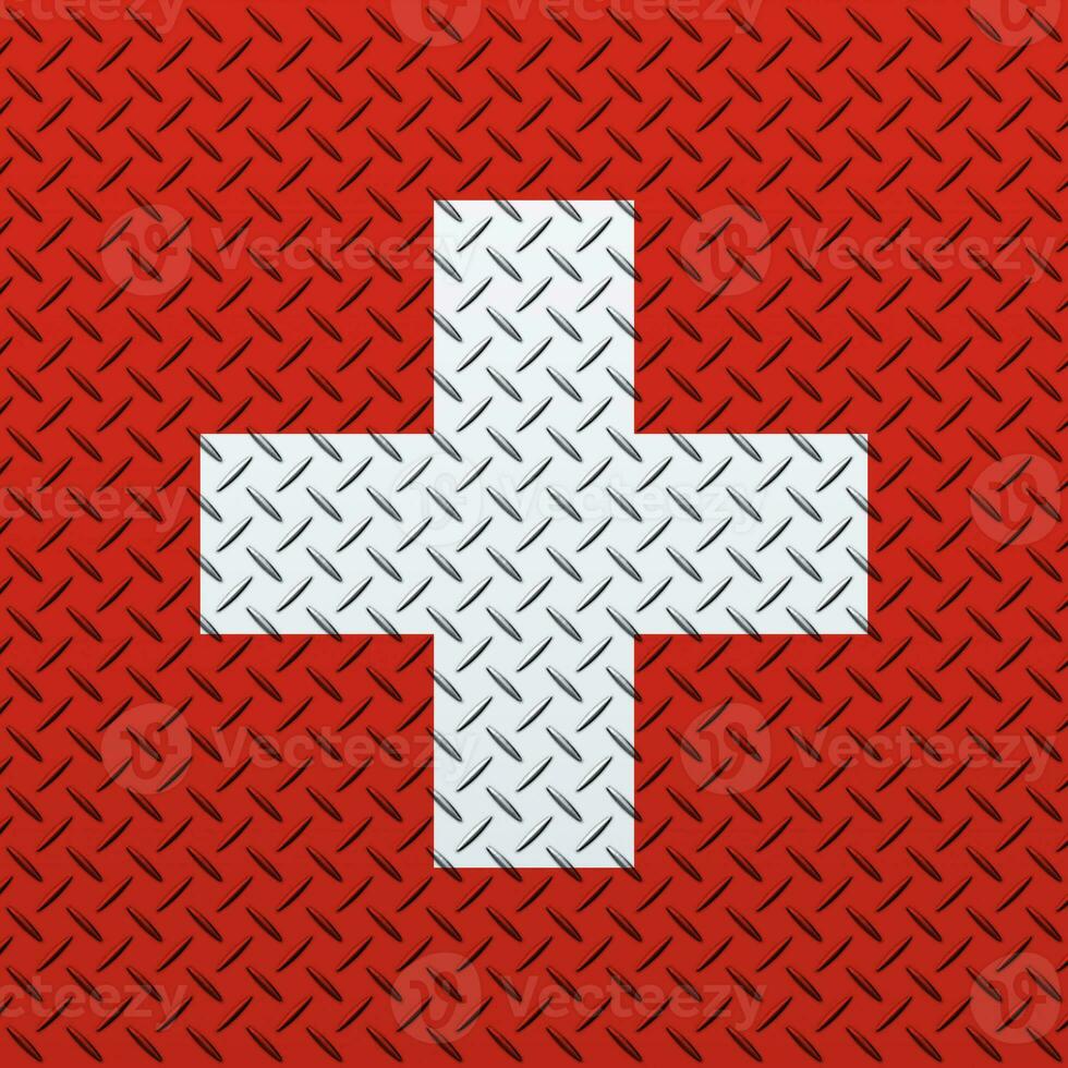 3D Flag of Switzerland on a metal wall background. photo