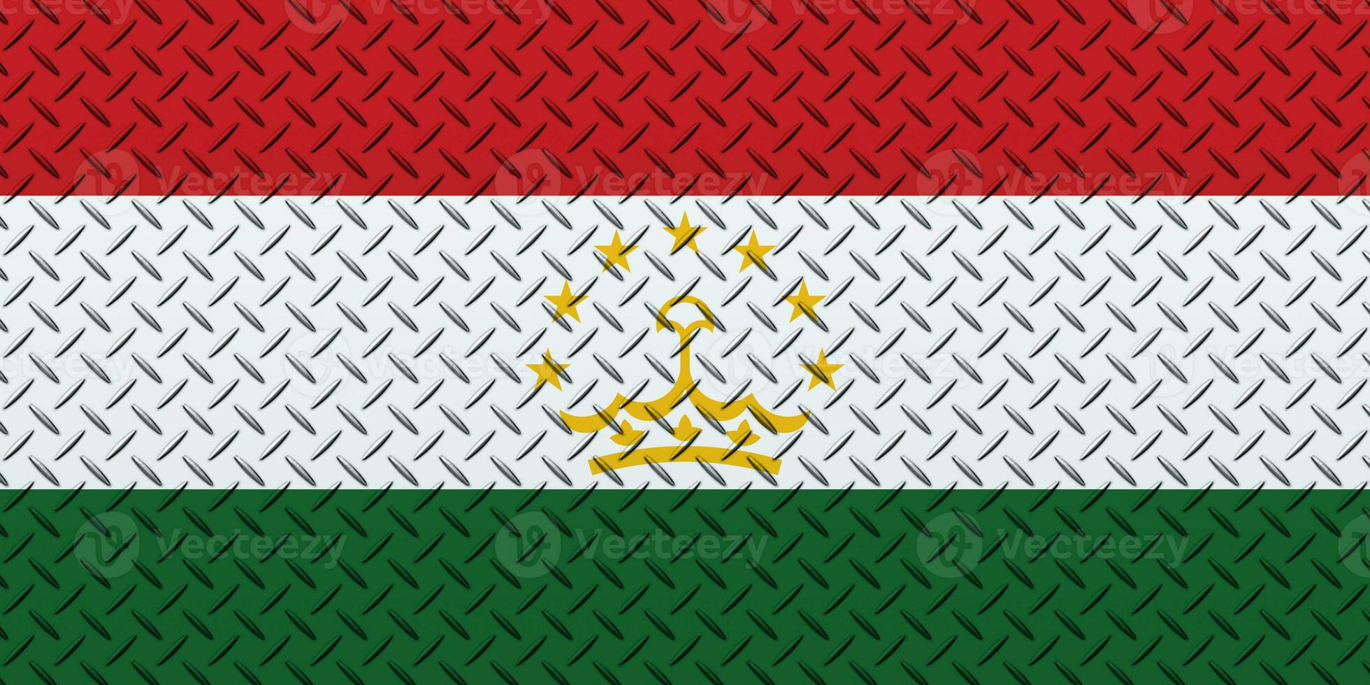 3D Flag of Tajikistan on a metal wall background. photo